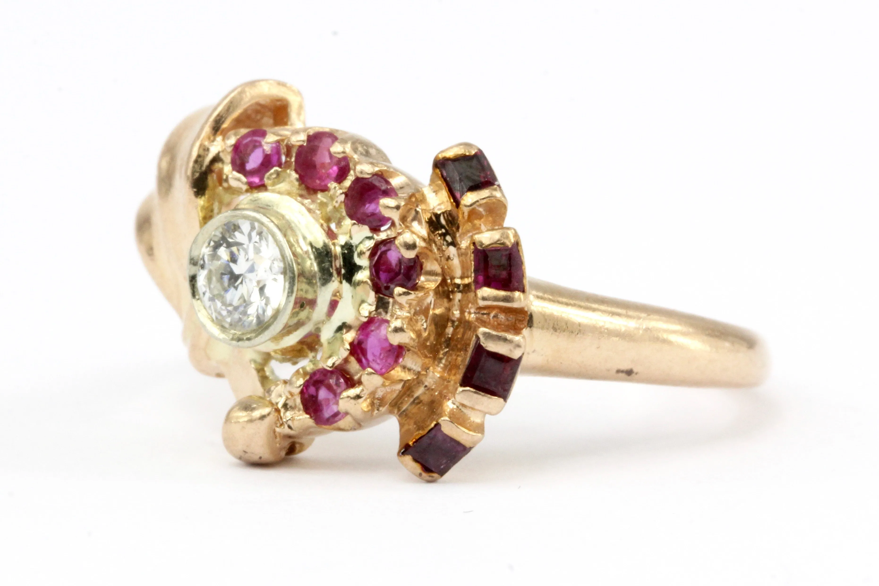 Retro 1940s 14K Rose Gold Diamond and Ruby Stylized Bow Ring Size 7