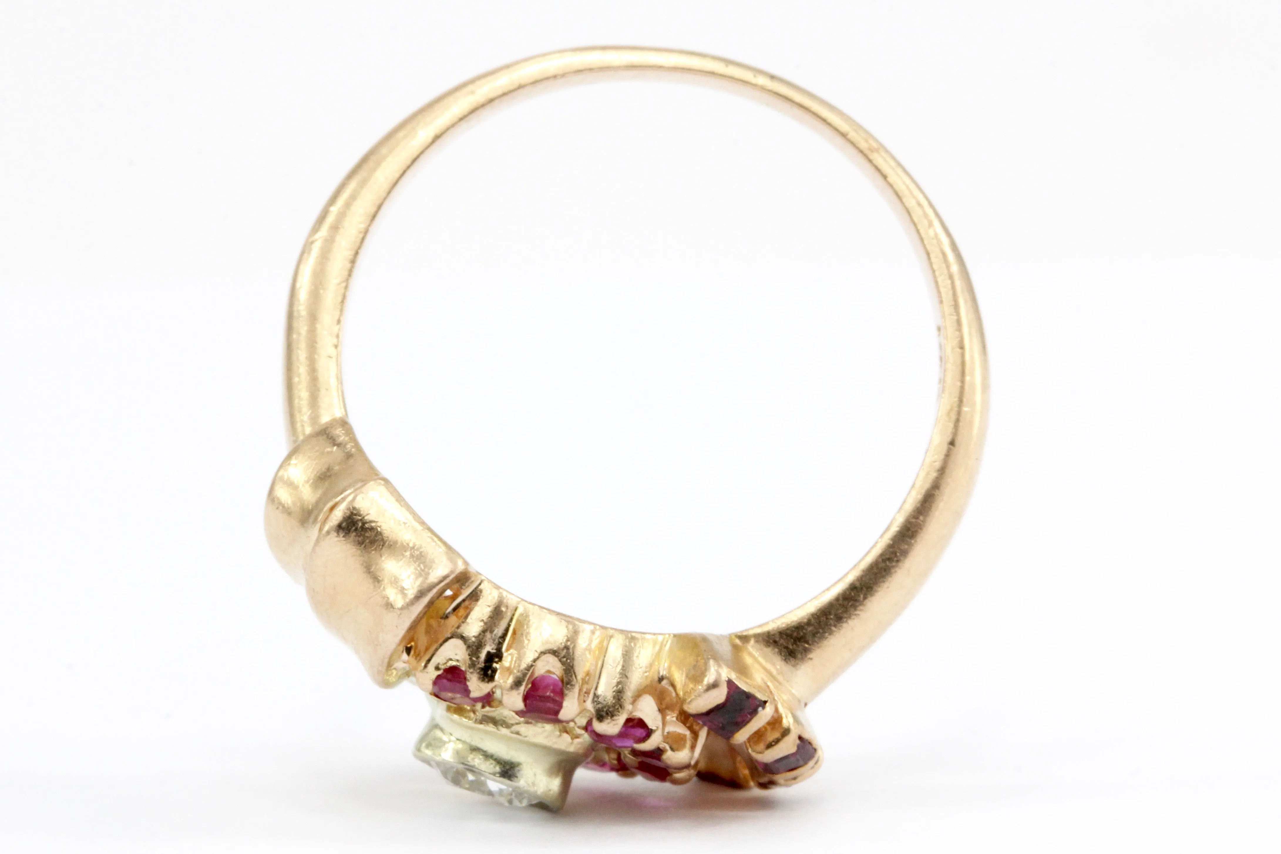 Retro 1940s 14K Rose Gold Diamond and Ruby Stylized Bow Ring Size 7