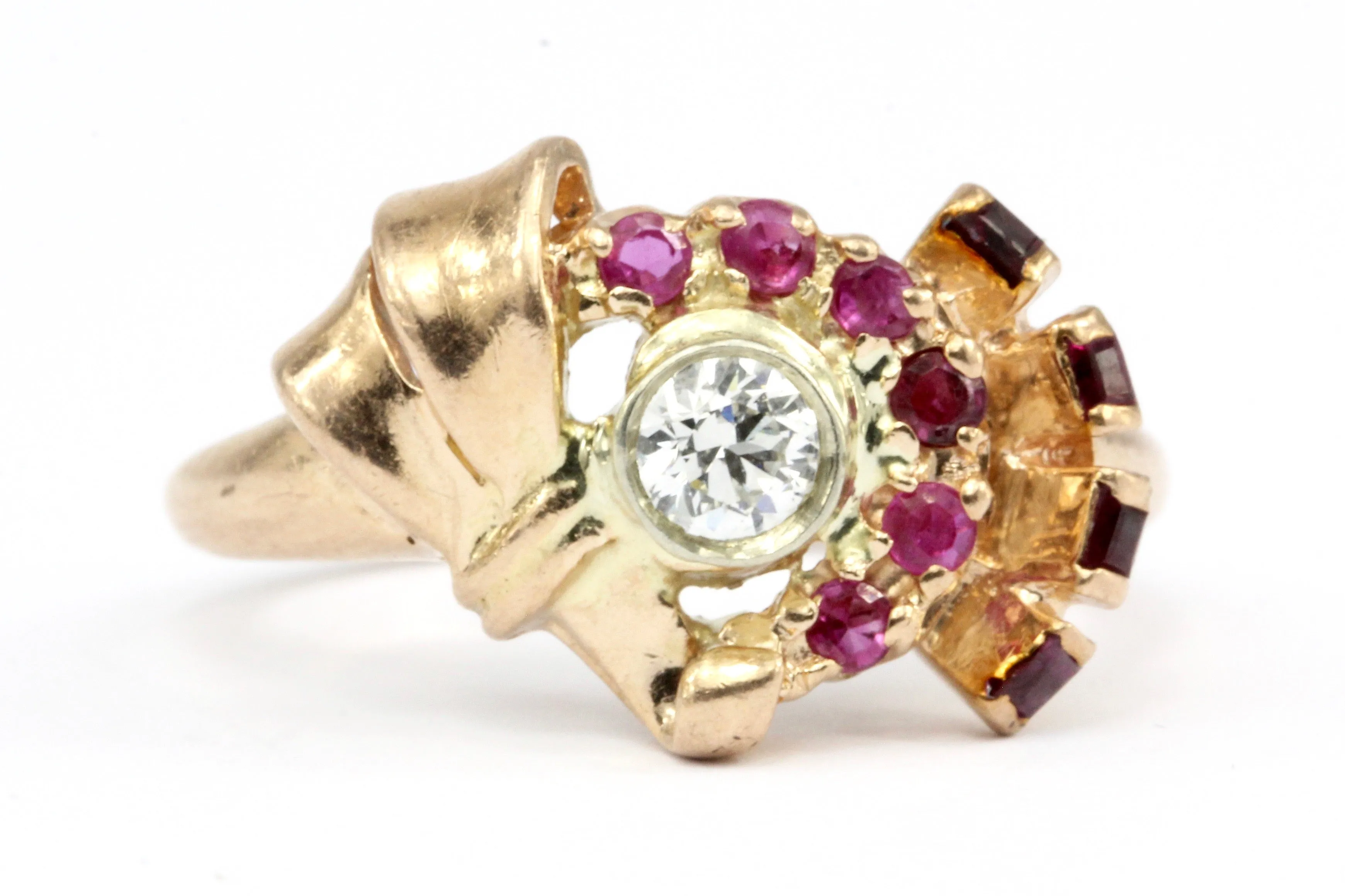 Retro 1940s 14K Rose Gold Diamond and Ruby Stylized Bow Ring Size 7