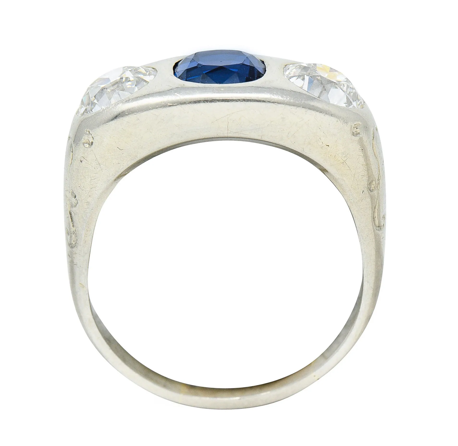 Retro 3.05 CTW No Heat Sapphire Diamond 18 Karat White Gold Gypsy Unisex Ring GIA