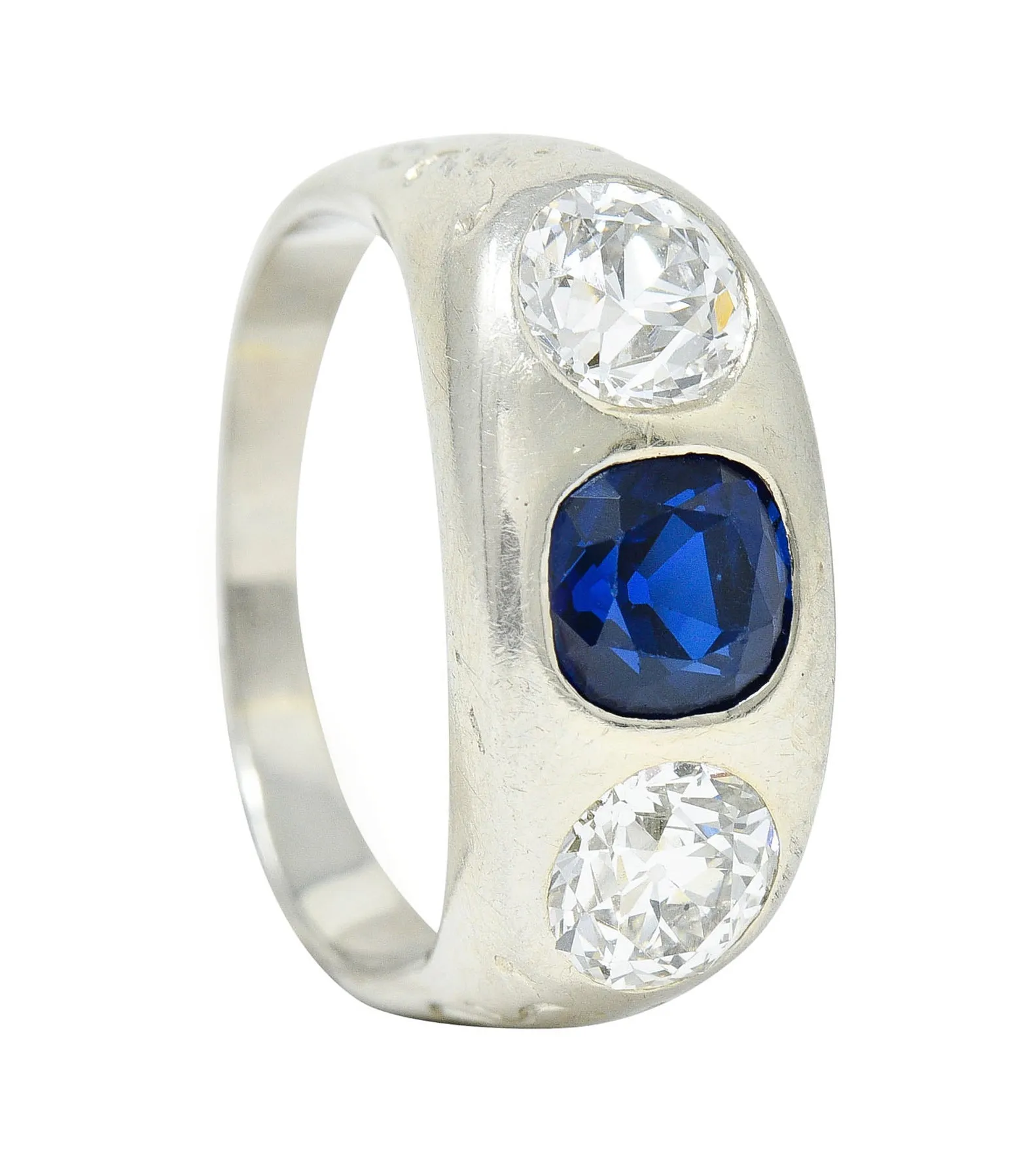 Retro 3.05 CTW No Heat Sapphire Diamond 18 Karat White Gold Gypsy Unisex Ring GIA