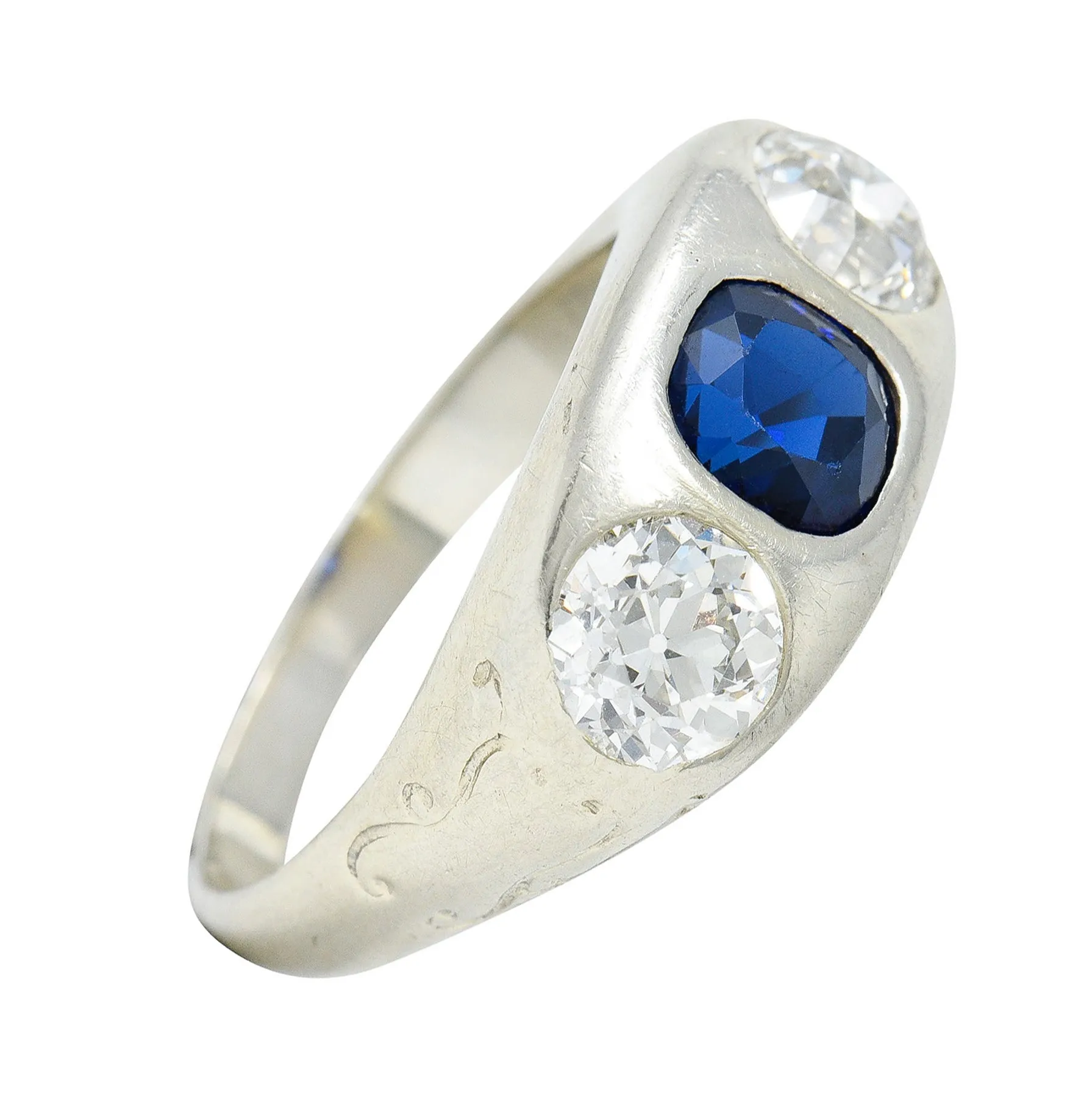 Retro 3.05 CTW No Heat Sapphire Diamond 18 Karat White Gold Gypsy Unisex Ring GIA