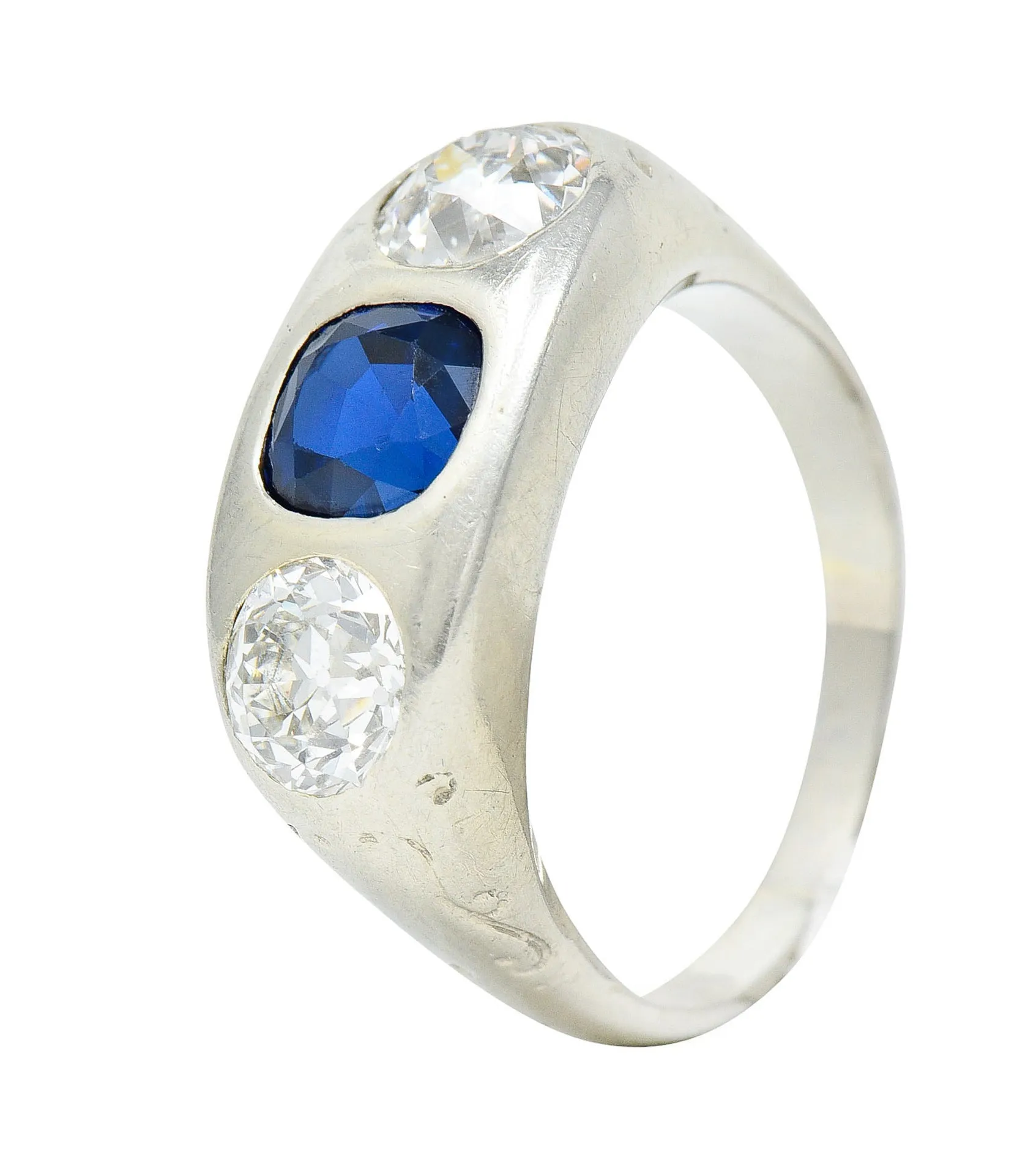 Retro 3.05 CTW No Heat Sapphire Diamond 18 Karat White Gold Gypsy Unisex Ring GIA