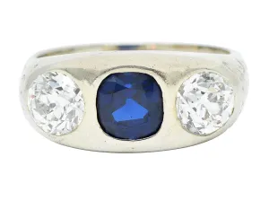 Retro 3.05 CTW No Heat Sapphire Diamond 18 Karat White Gold Gypsy Unisex Ring GIA
