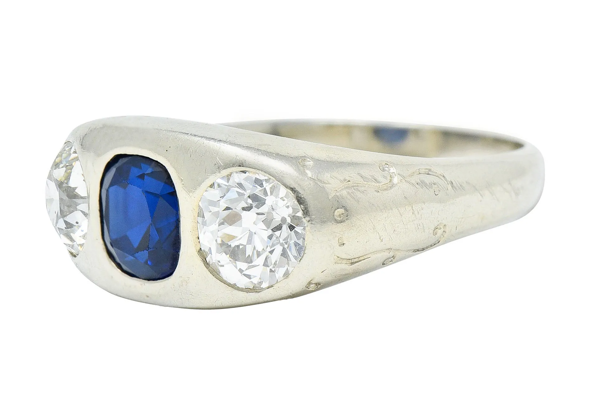 Retro 3.05 CTW No Heat Sapphire Diamond 18 Karat White Gold Gypsy Unisex Ring GIA
