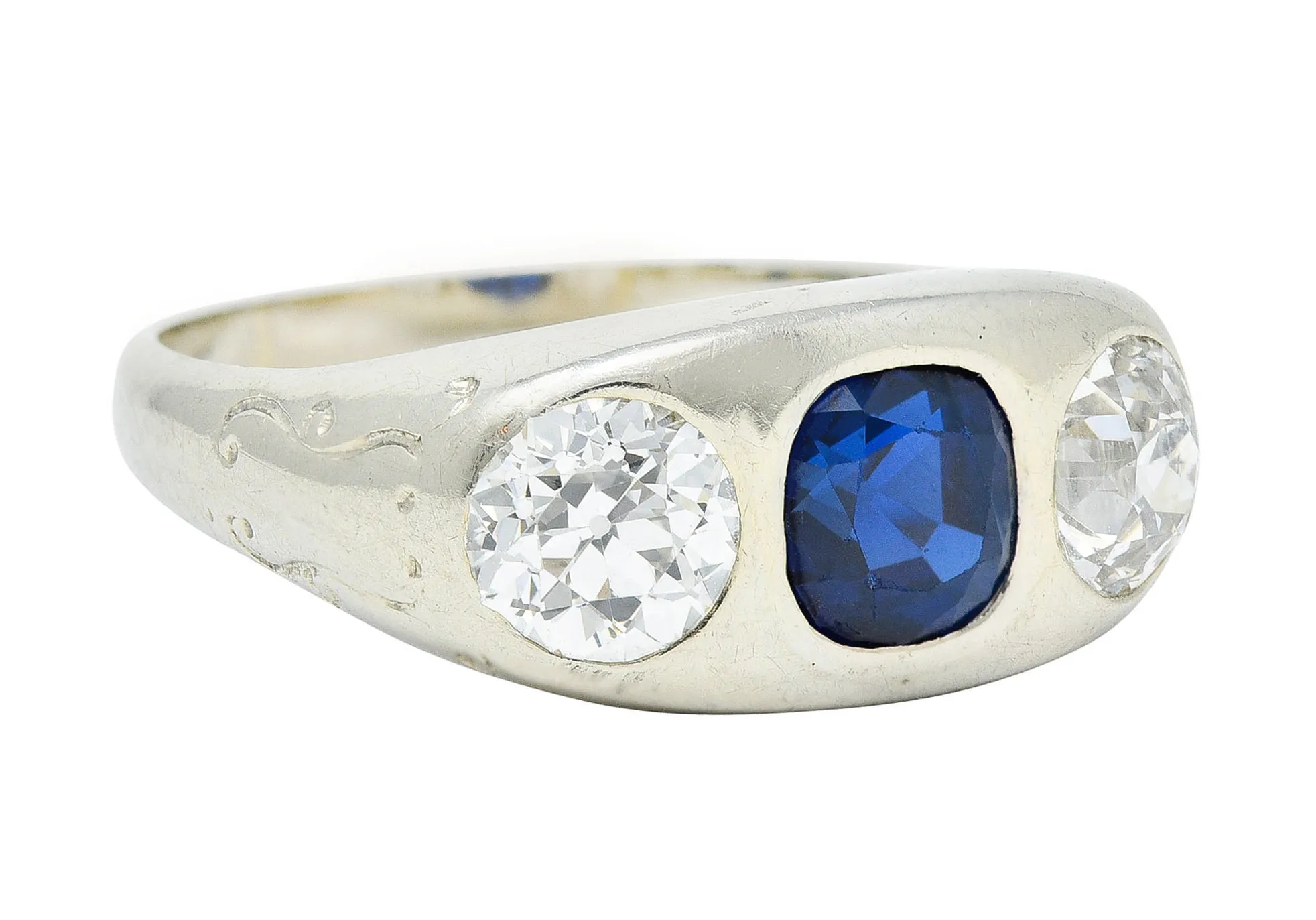 Retro 3.05 CTW No Heat Sapphire Diamond 18 Karat White Gold Gypsy Unisex Ring GIA