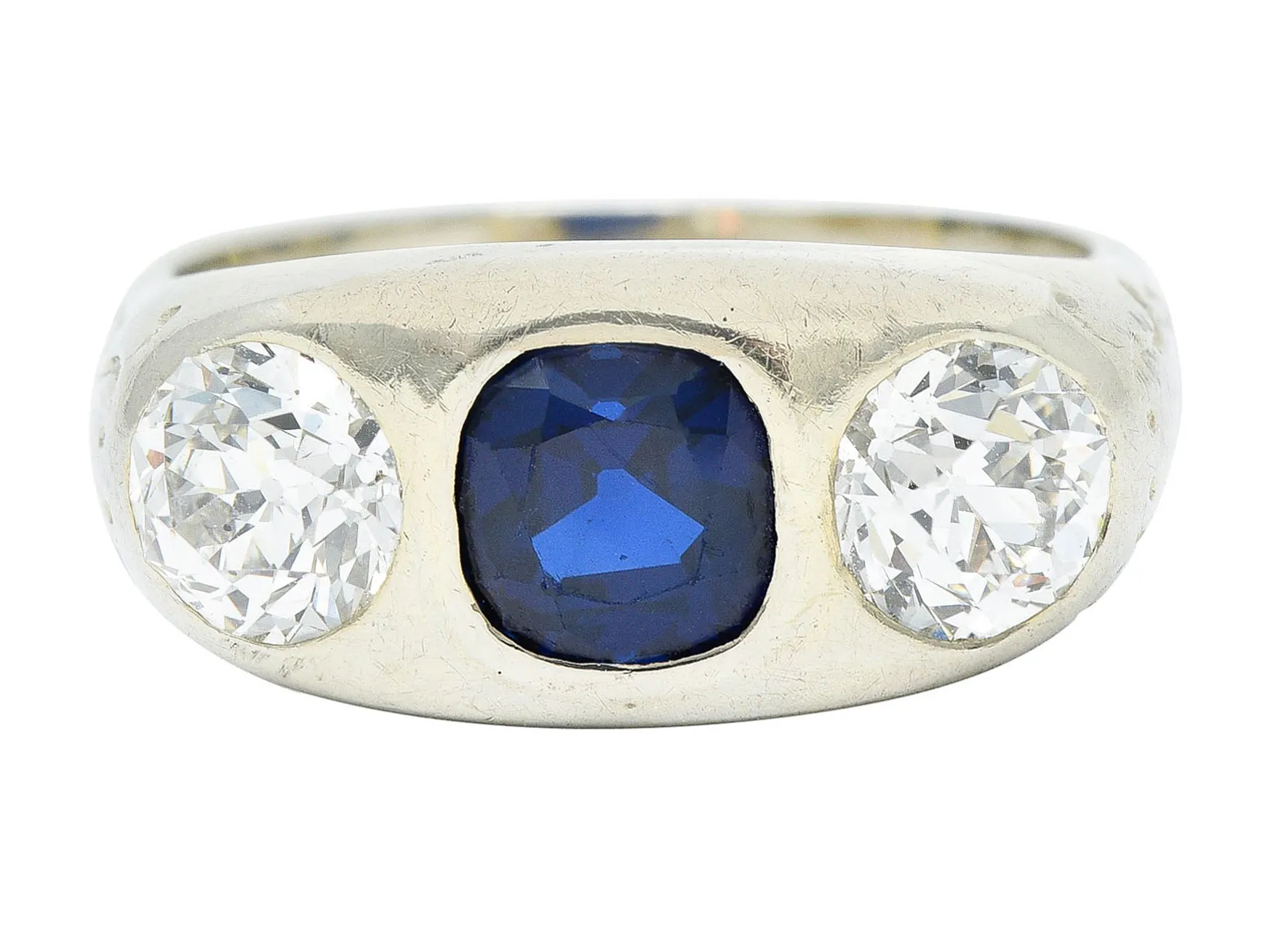 Retro 3.05 CTW No Heat Sapphire Diamond 18 Karat White Gold Gypsy Unisex Ring GIA