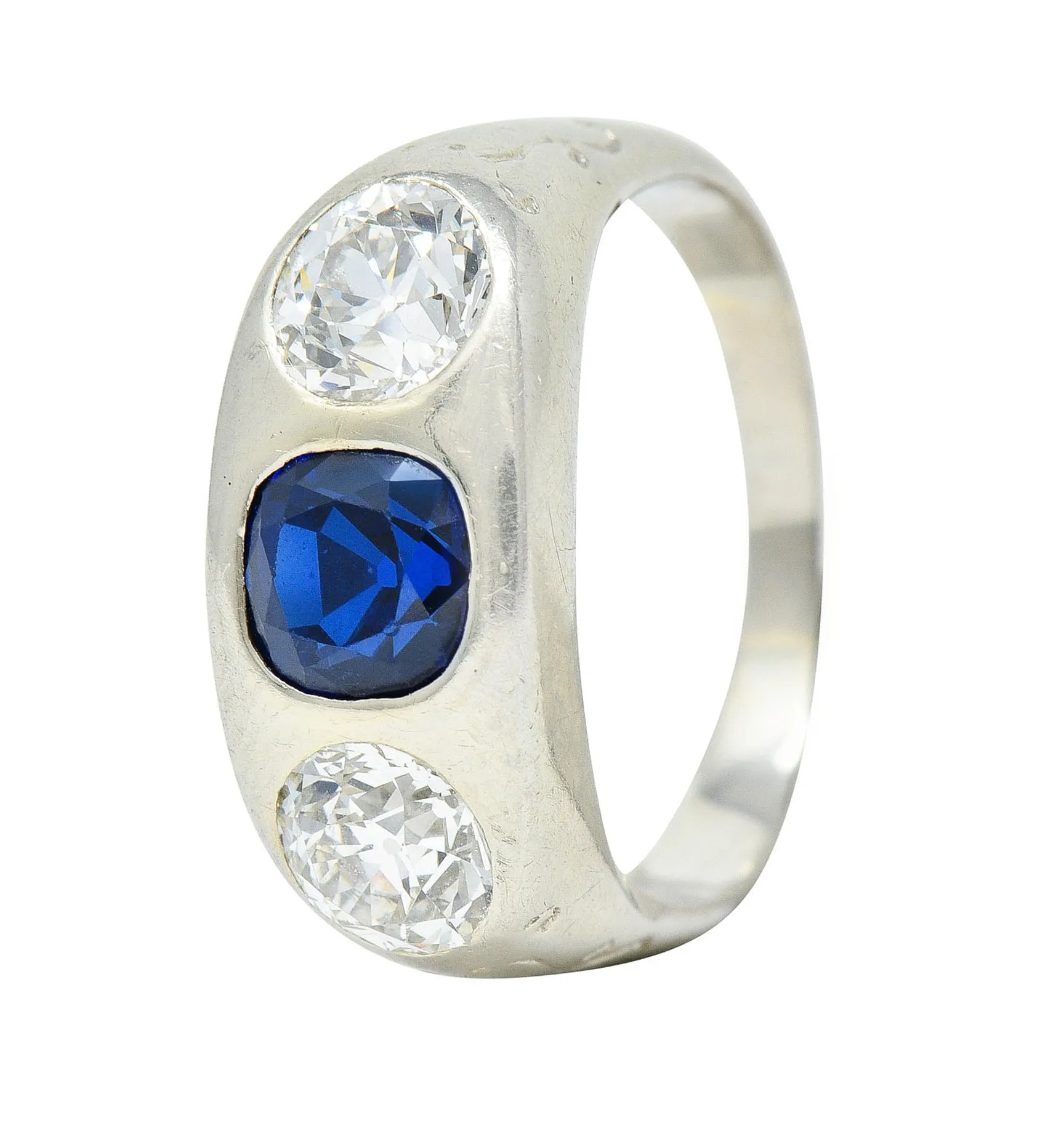 Retro 3.05 CTW No Heat Sapphire Diamond 18 Karat White Gold Gypsy Unisex Ring GIA