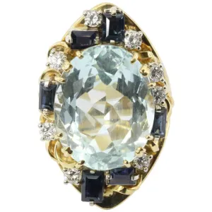 Retro American Modern 18K Gold Aquamarine Sapphire Diamond Chunky Cocktail Ring