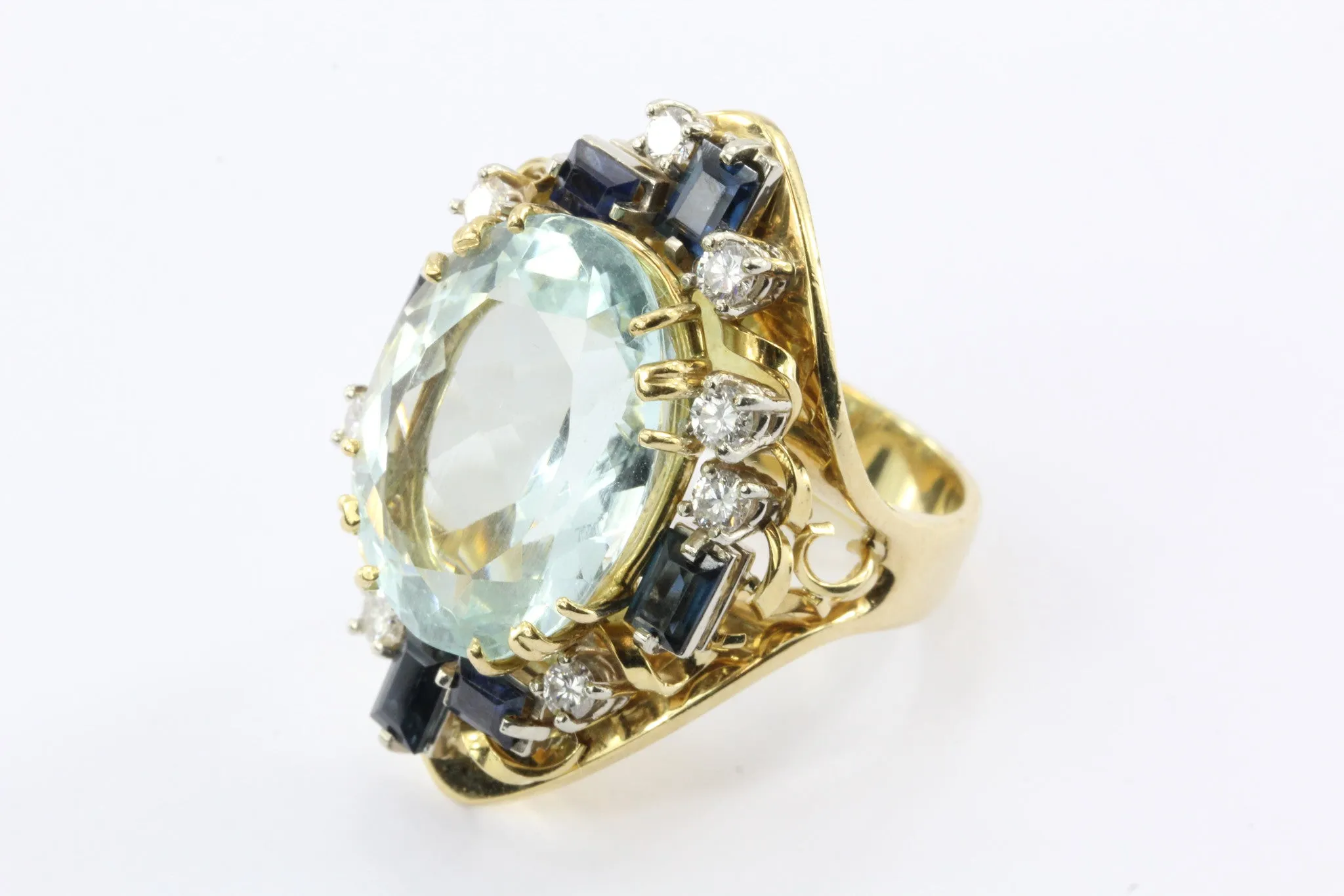 Retro American Modern 18K Gold Aquamarine Sapphire Diamond Chunky Cocktail Ring