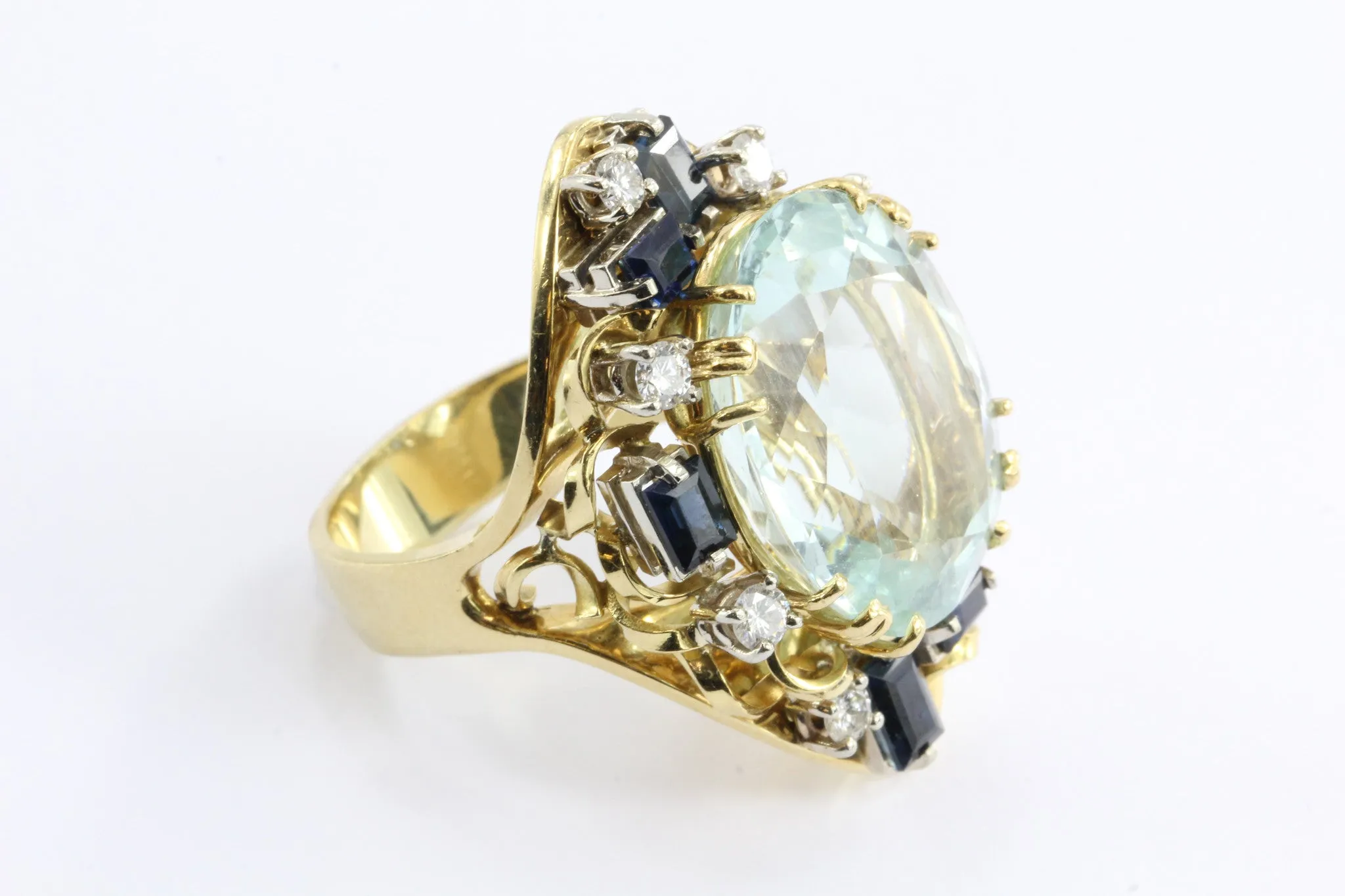 Retro American Modern 18K Gold Aquamarine Sapphire Diamond Chunky Cocktail Ring