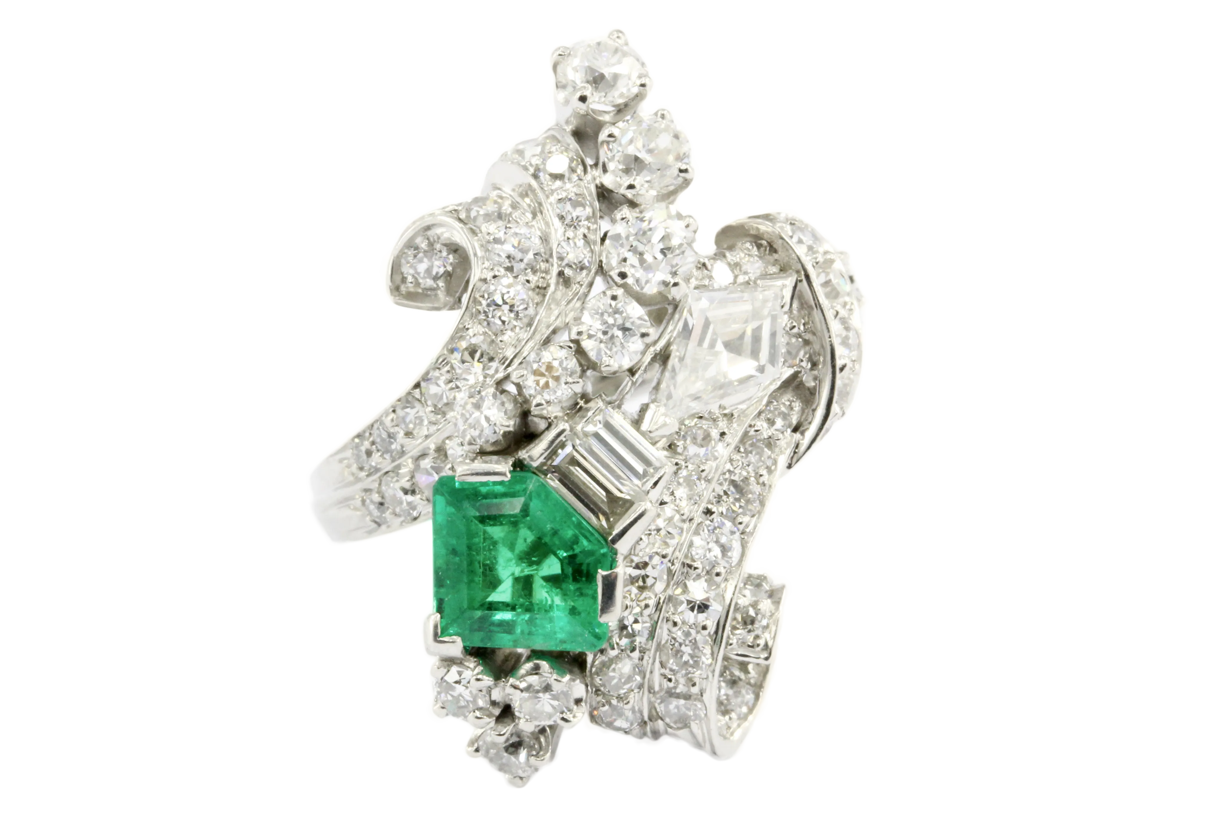 Retro Art Deco Platinum Diamond Emerald Cluster Ring C.1930's