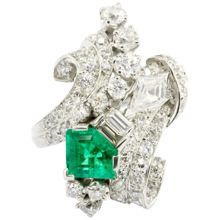 Retro Art Deco Platinum Diamond Emerald Cluster Ring C.1930's