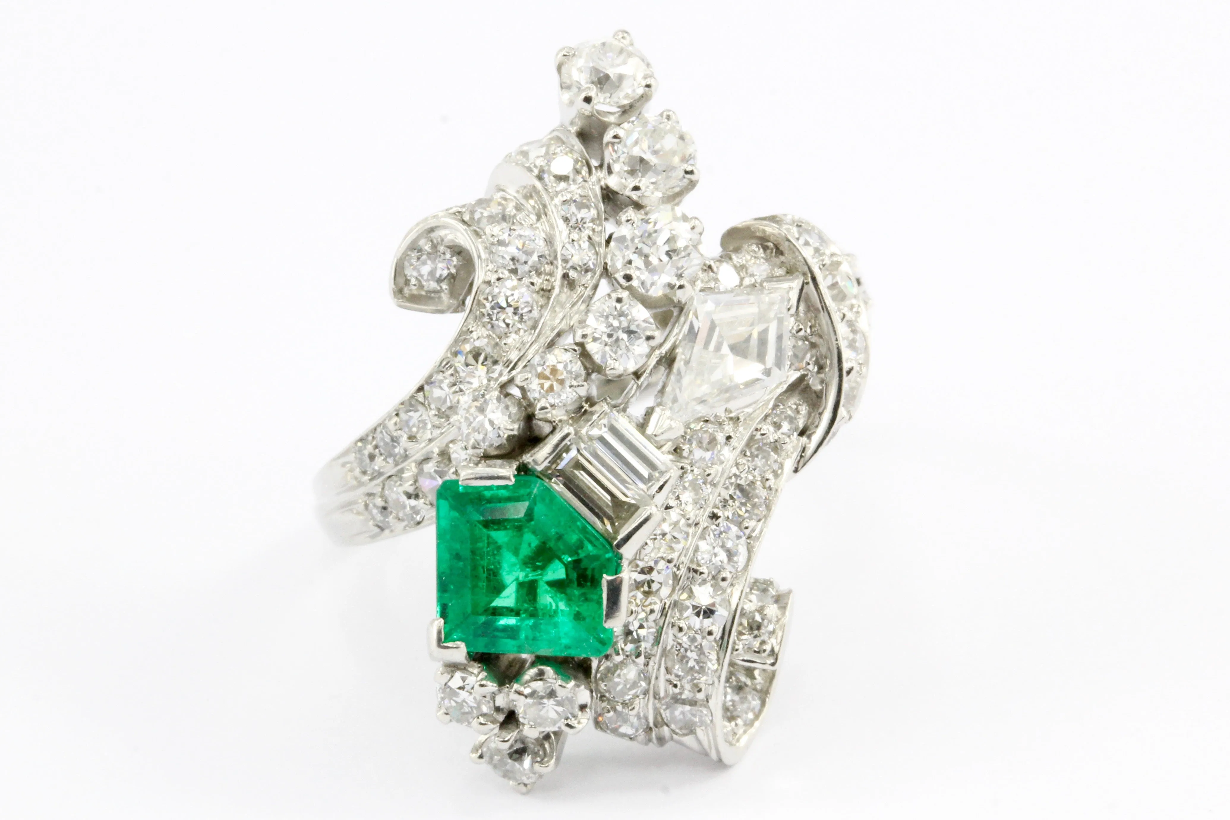 Retro Art Deco Platinum Diamond Emerald Cluster Ring C.1930's