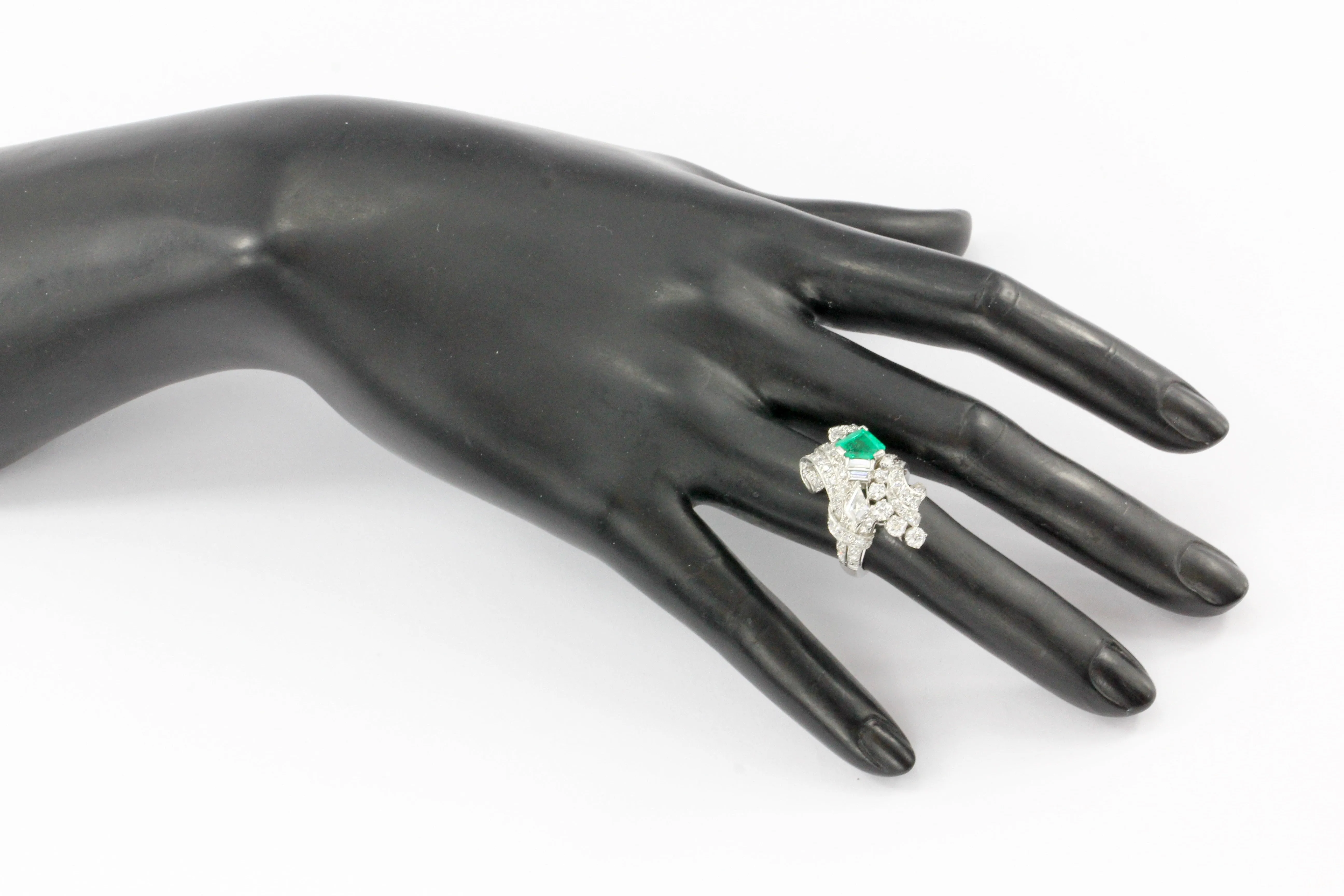 Retro Art Deco Platinum Diamond Emerald Cluster Ring C.1930's