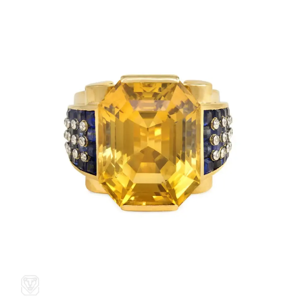 Retro gold citrine and sapphire cocktail ring