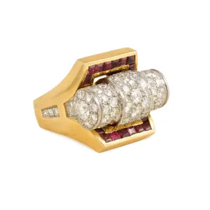 Retro gold, pavé diamond, and calibré ruby ring