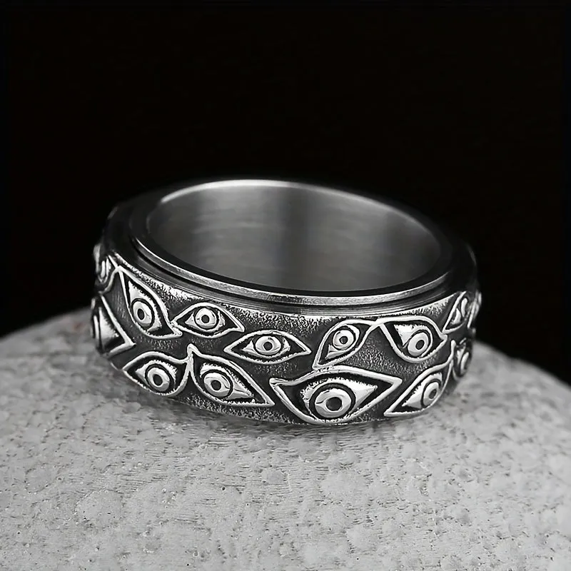 Retro Men's Eye Ring Stainless Steel Turnable Decompression Jewelry