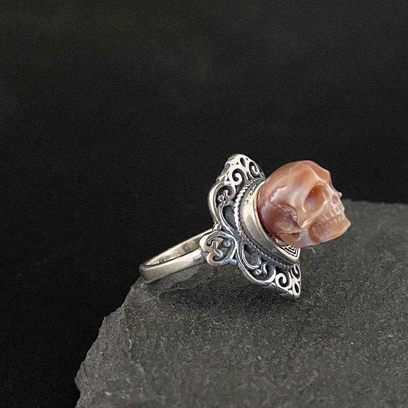Retro Palace Pattern Hollow Carved Pearl Skull Ring