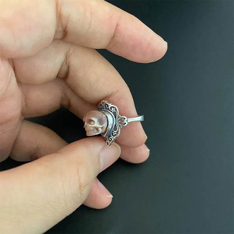 Retro Palace Pattern Hollow Carved Pearl Skull Ring