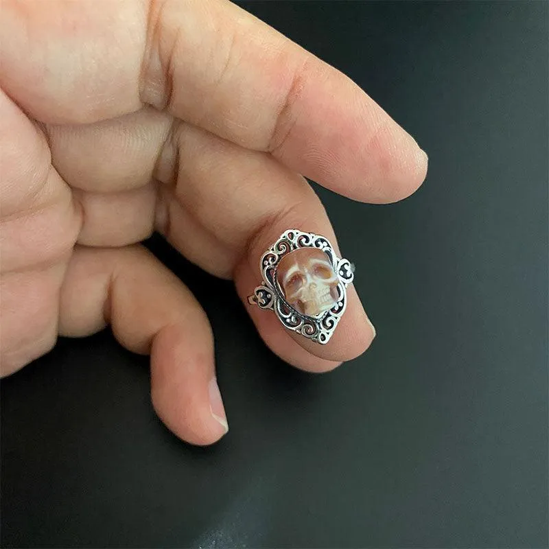 Retro Palace Pattern Hollow Carved Pearl Skull Ring