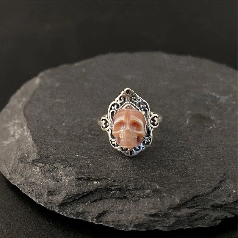 Retro Palace Pattern Hollow Carved Pearl Skull Ring