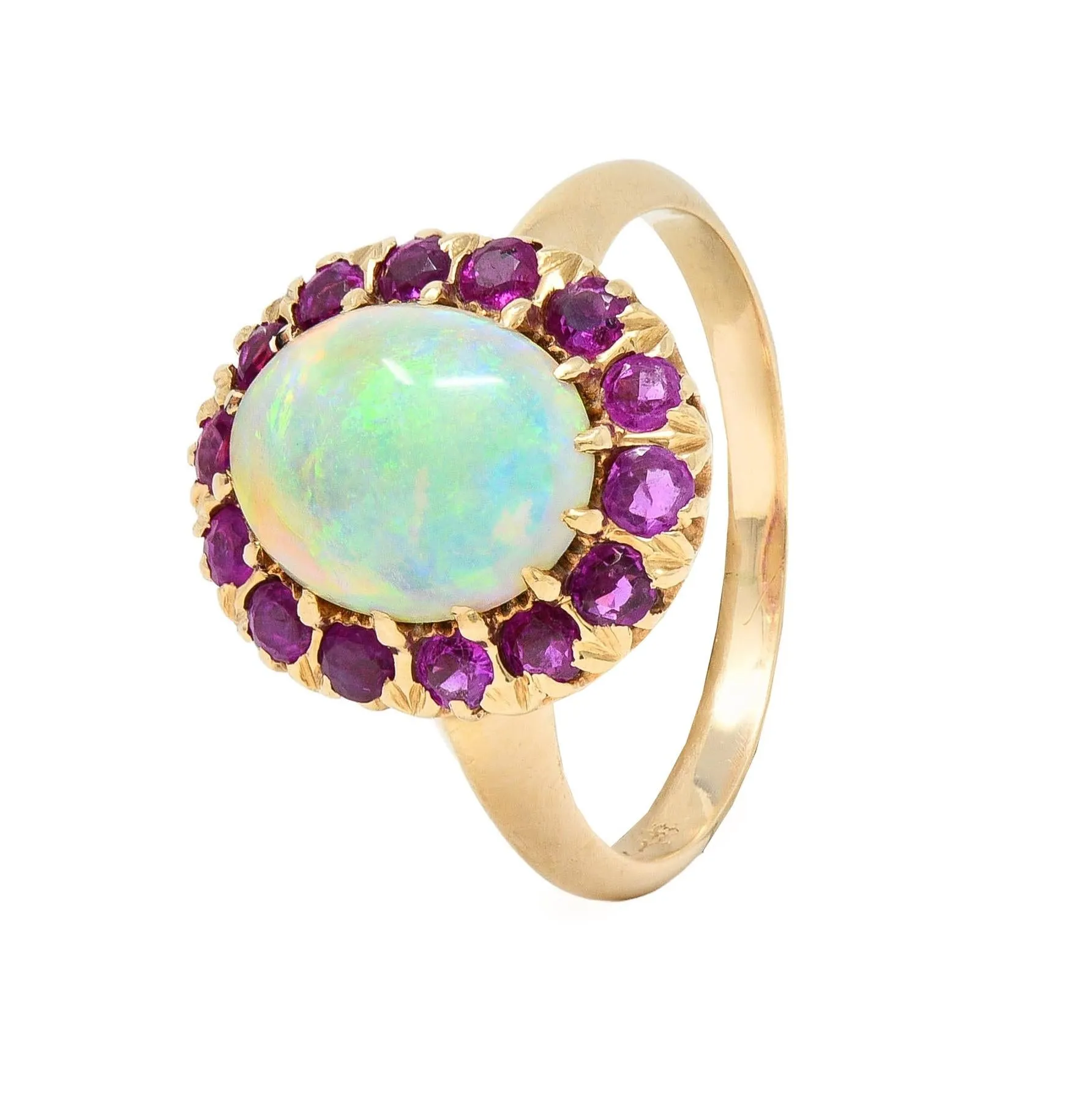 Retro Pink Sapphire Opal 14 Karat Yellow Gold Vintage Halo Ring