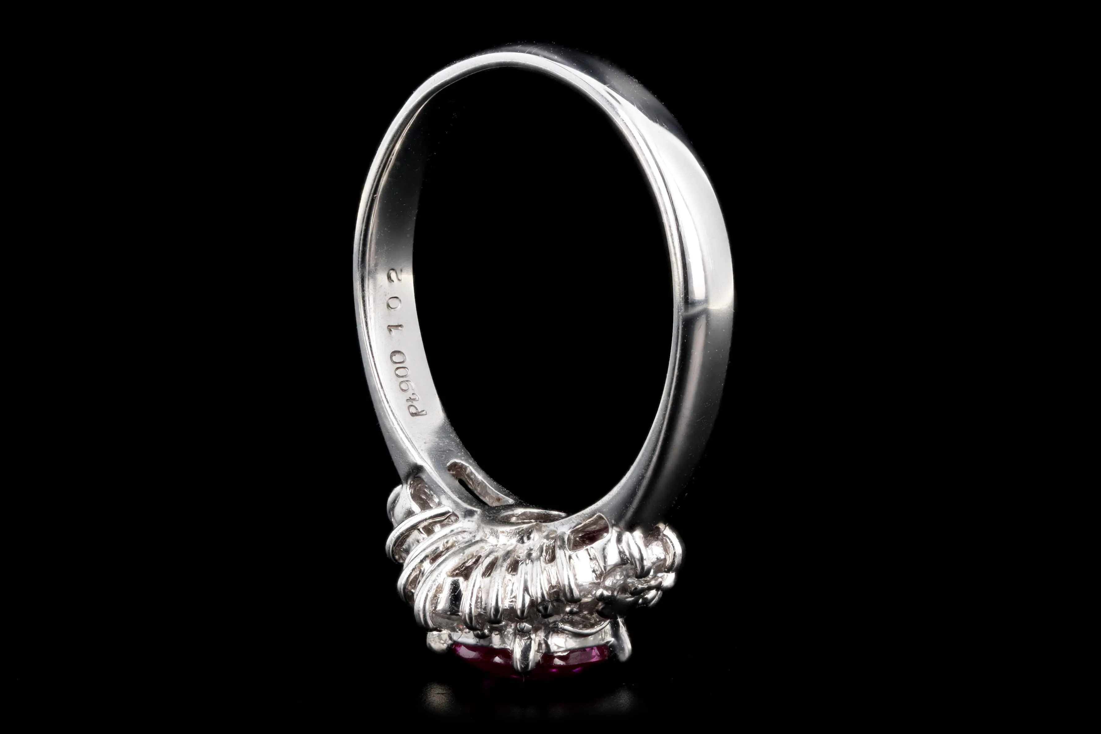 Retro Platinum 1.02 Carat Round Natural Ruby & Diamond Tapered Baguette Halo Ring