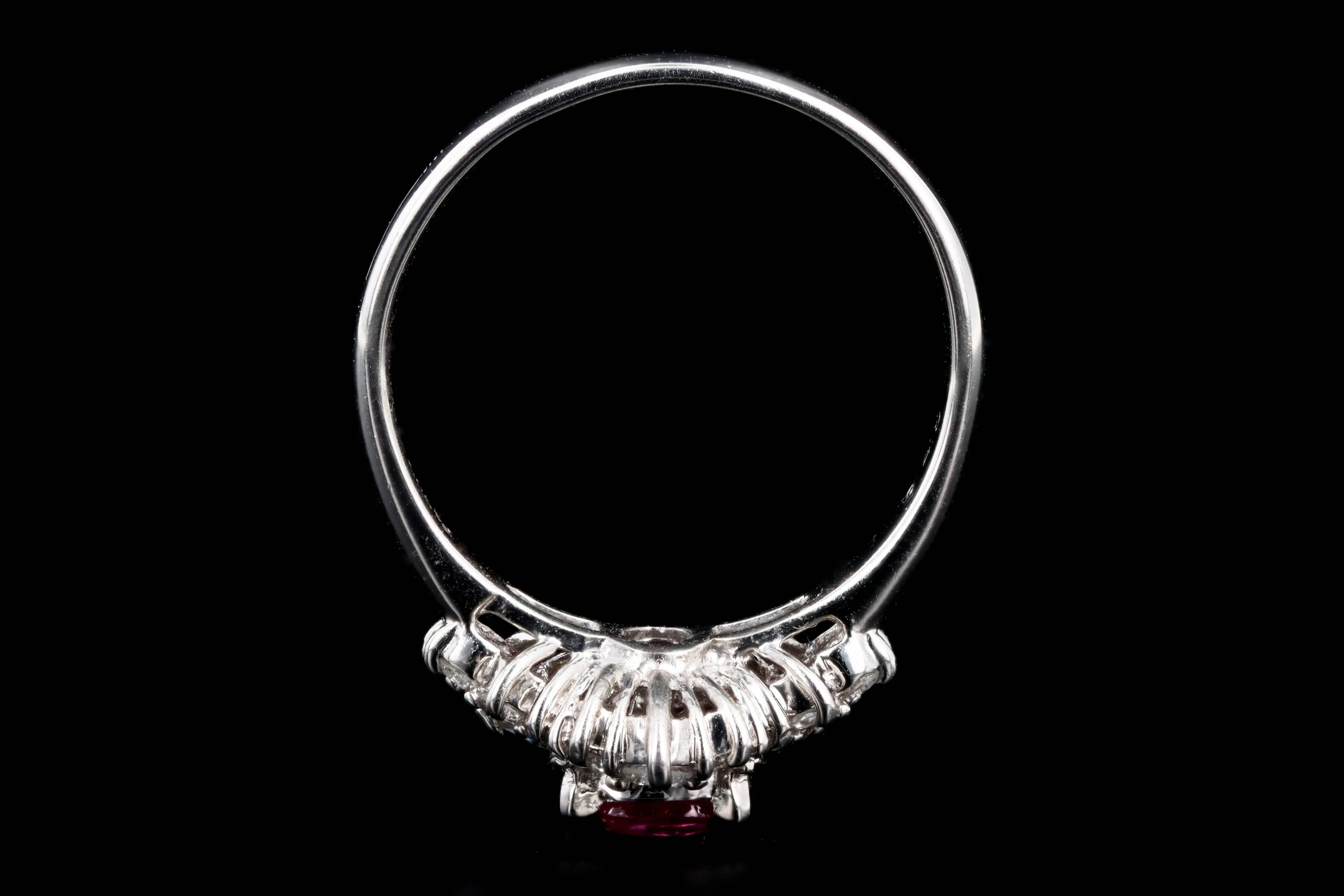 Retro Platinum 1.02 Carat Round Natural Ruby & Diamond Tapered Baguette Halo Ring