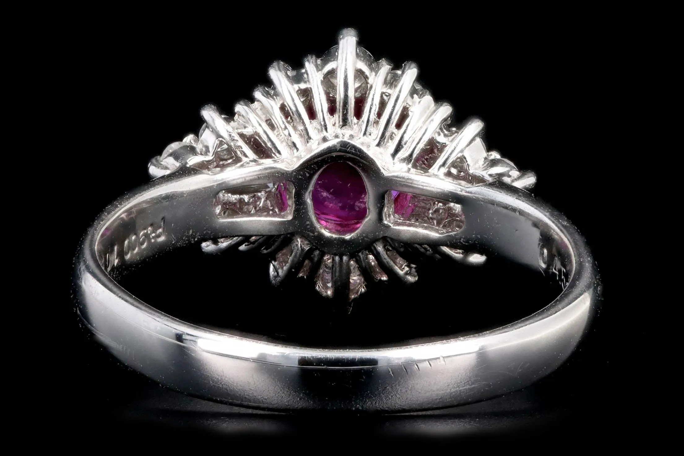Retro Platinum 1.02 Carat Round Natural Ruby & Diamond Tapered Baguette Halo Ring