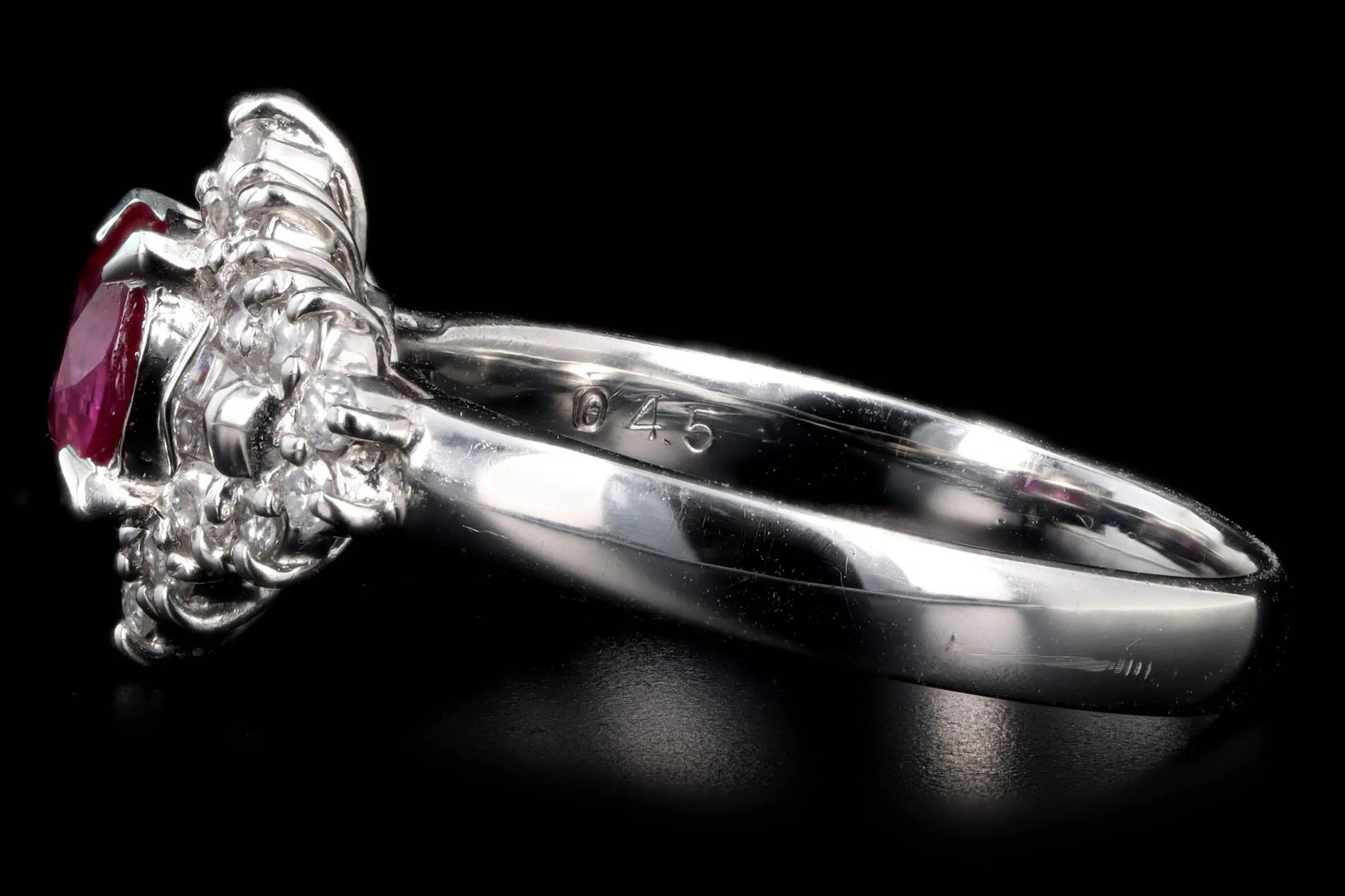 Retro Platinum 1.02 Carat Round Natural Ruby & Diamond Tapered Baguette Halo Ring