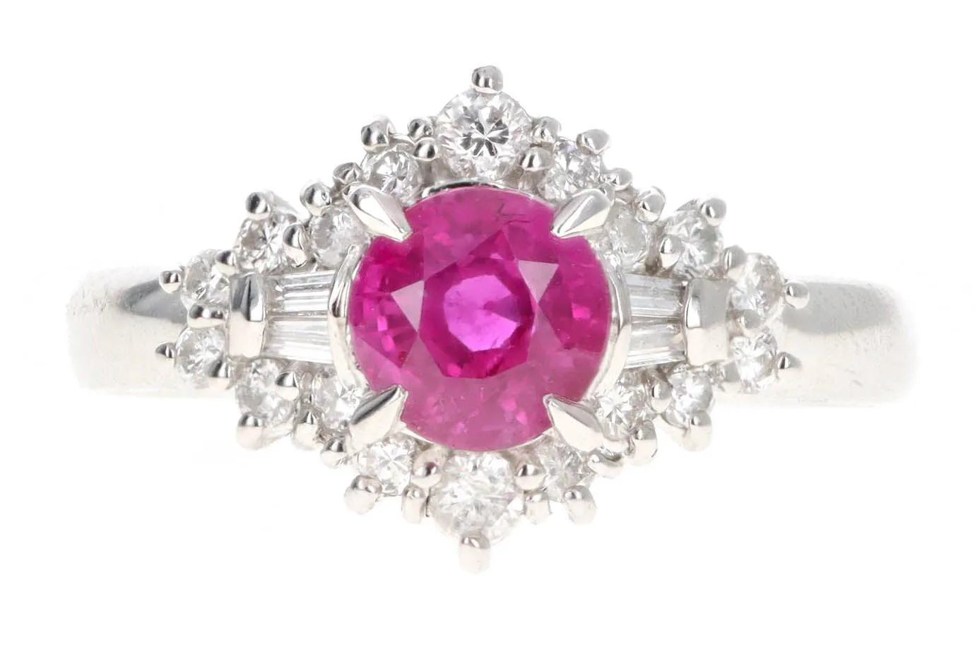 Retro Platinum 1.02 Carat Round Natural Ruby & Diamond Tapered Baguette Halo Ring