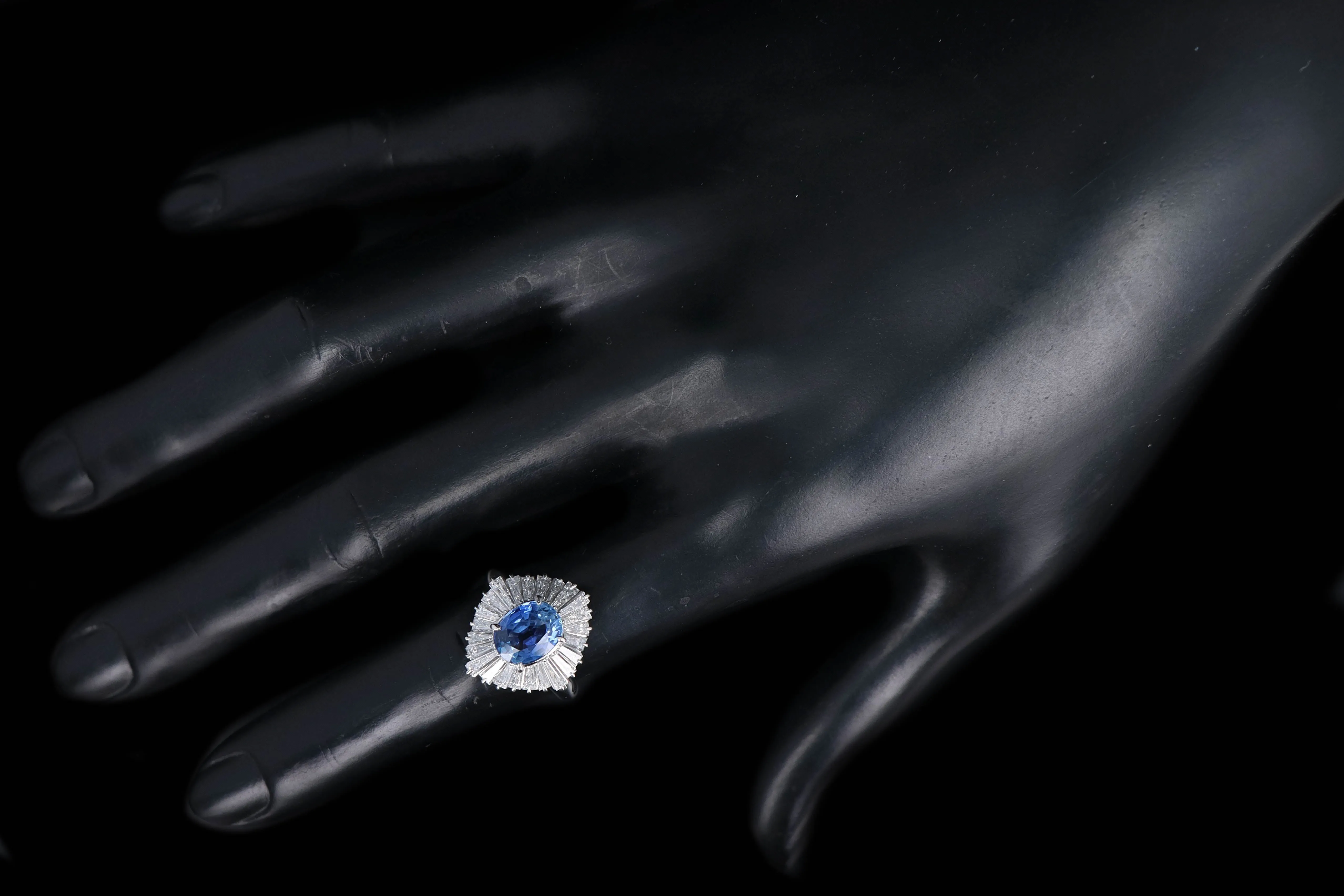 Retro Platinum 2.17 Carat Natural Sapphire & Tapered Baguette Diamond Ring