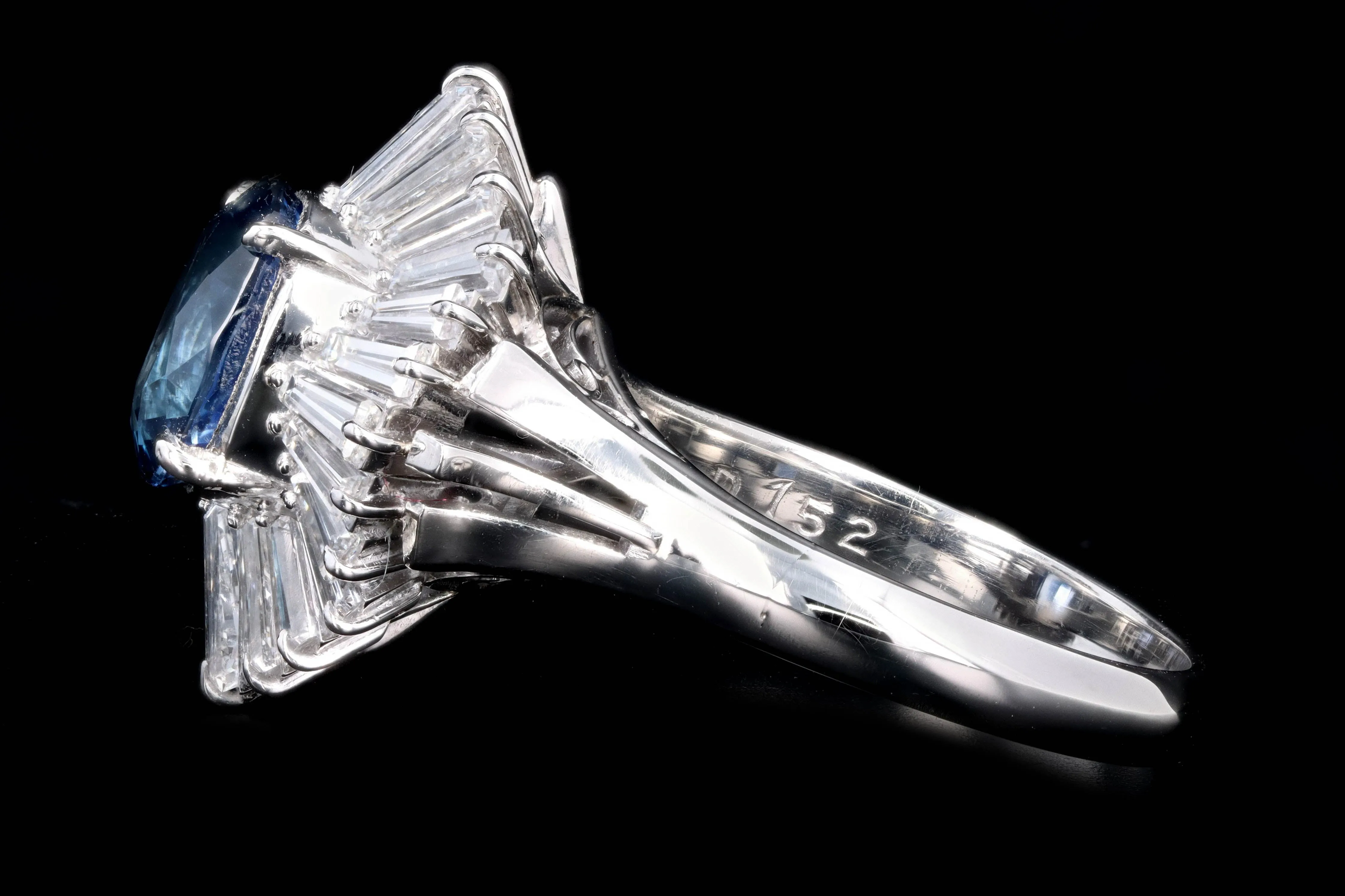 Retro Platinum 2.17 Carat Natural Sapphire & Tapered Baguette Diamond Ring