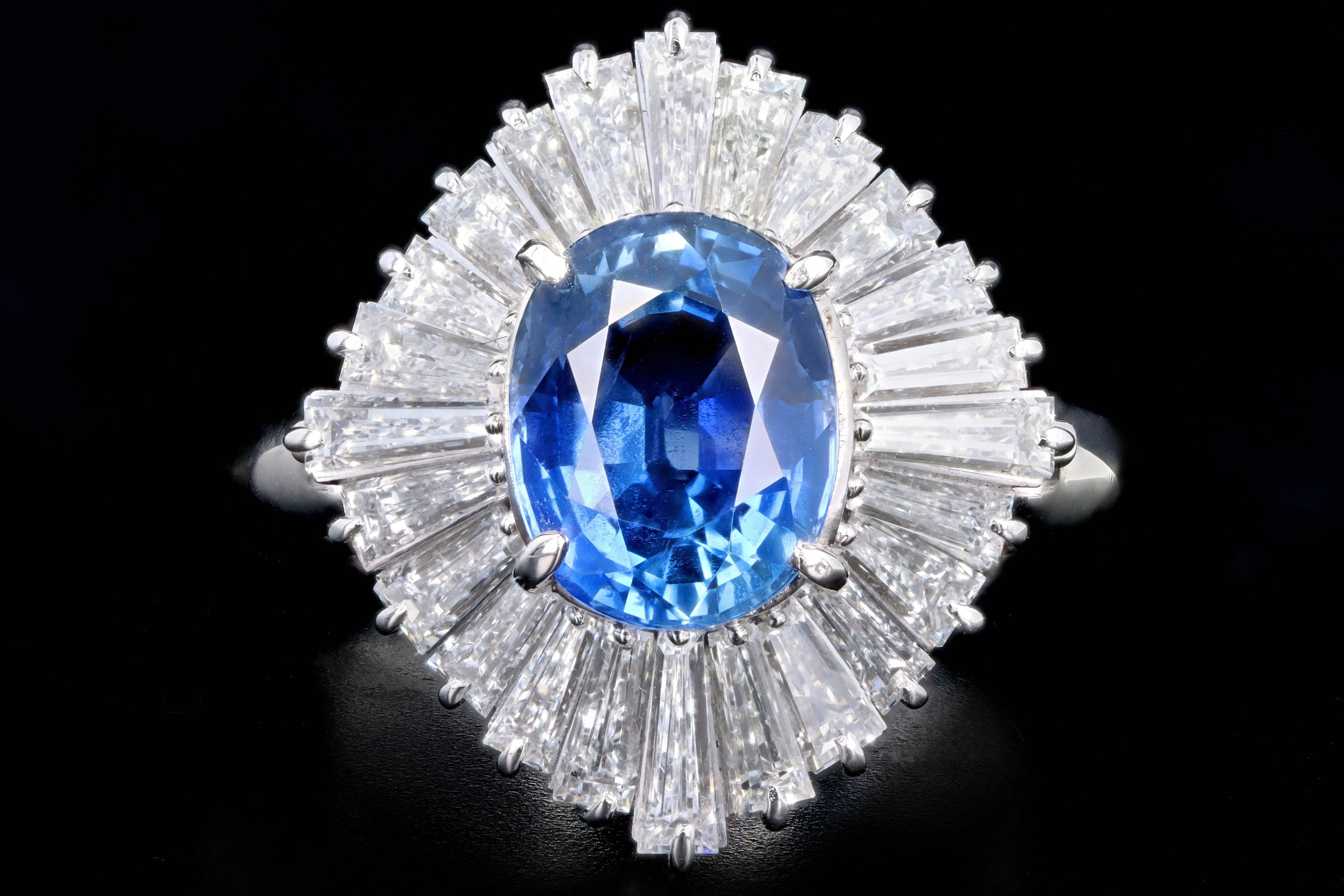 Retro Platinum 2.17 Carat Natural Sapphire & Tapered Baguette Diamond Ring