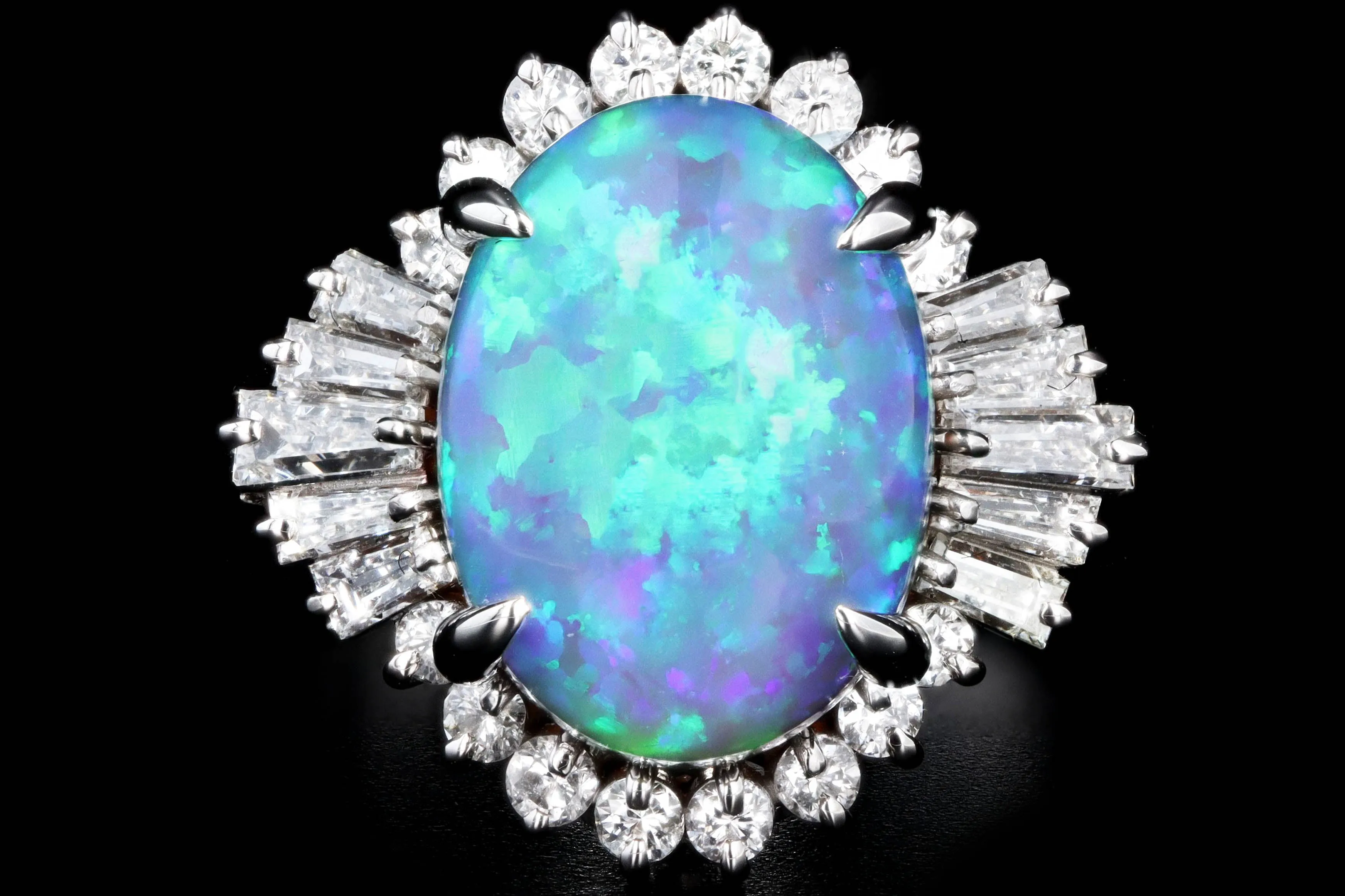 Retro Platinum 4.36 Carat Oval Cabochon Cut Black Opal & Diamond Ring