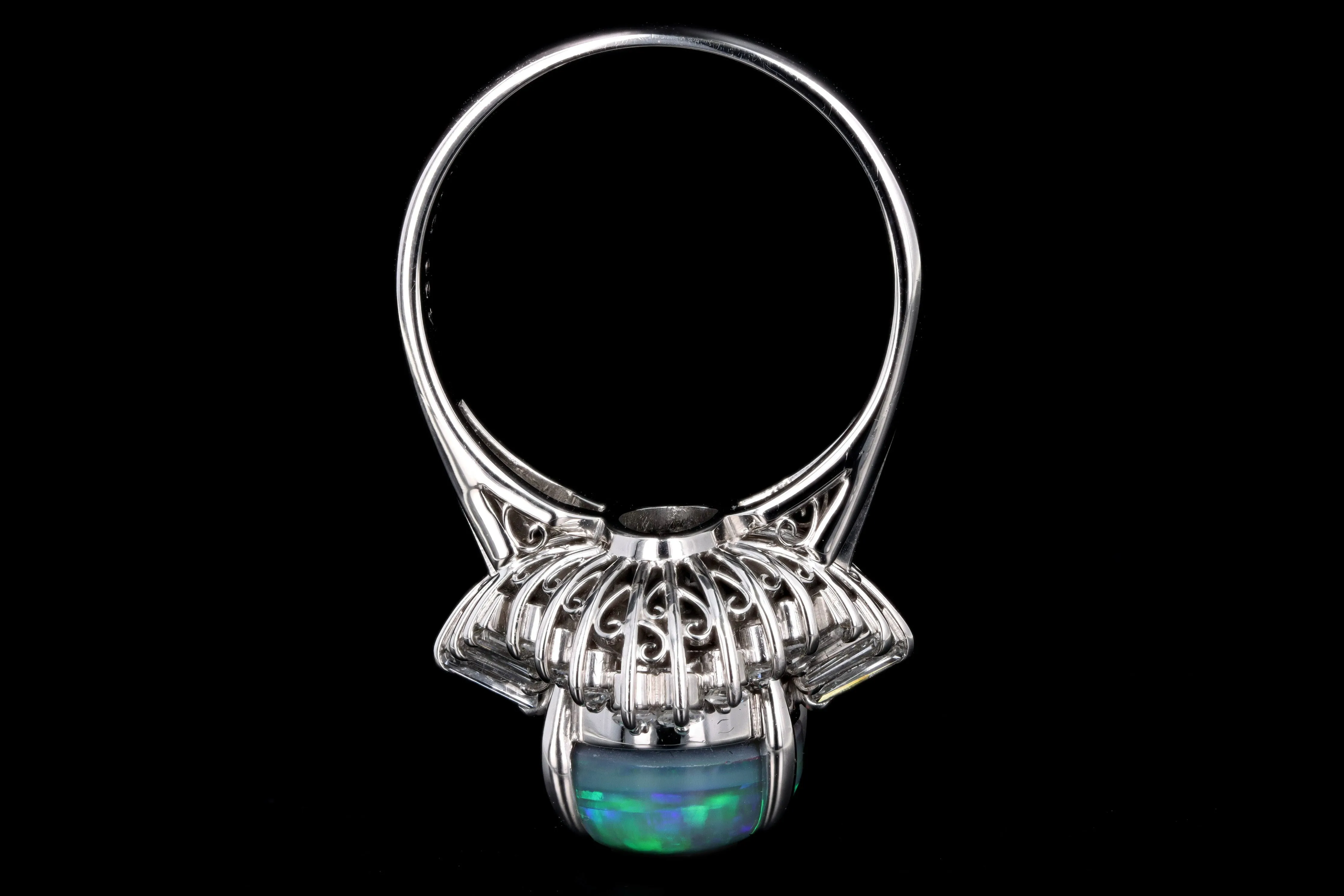 Retro Platinum 4.36 Carat Oval Cabochon Cut Black Opal & Diamond Ring