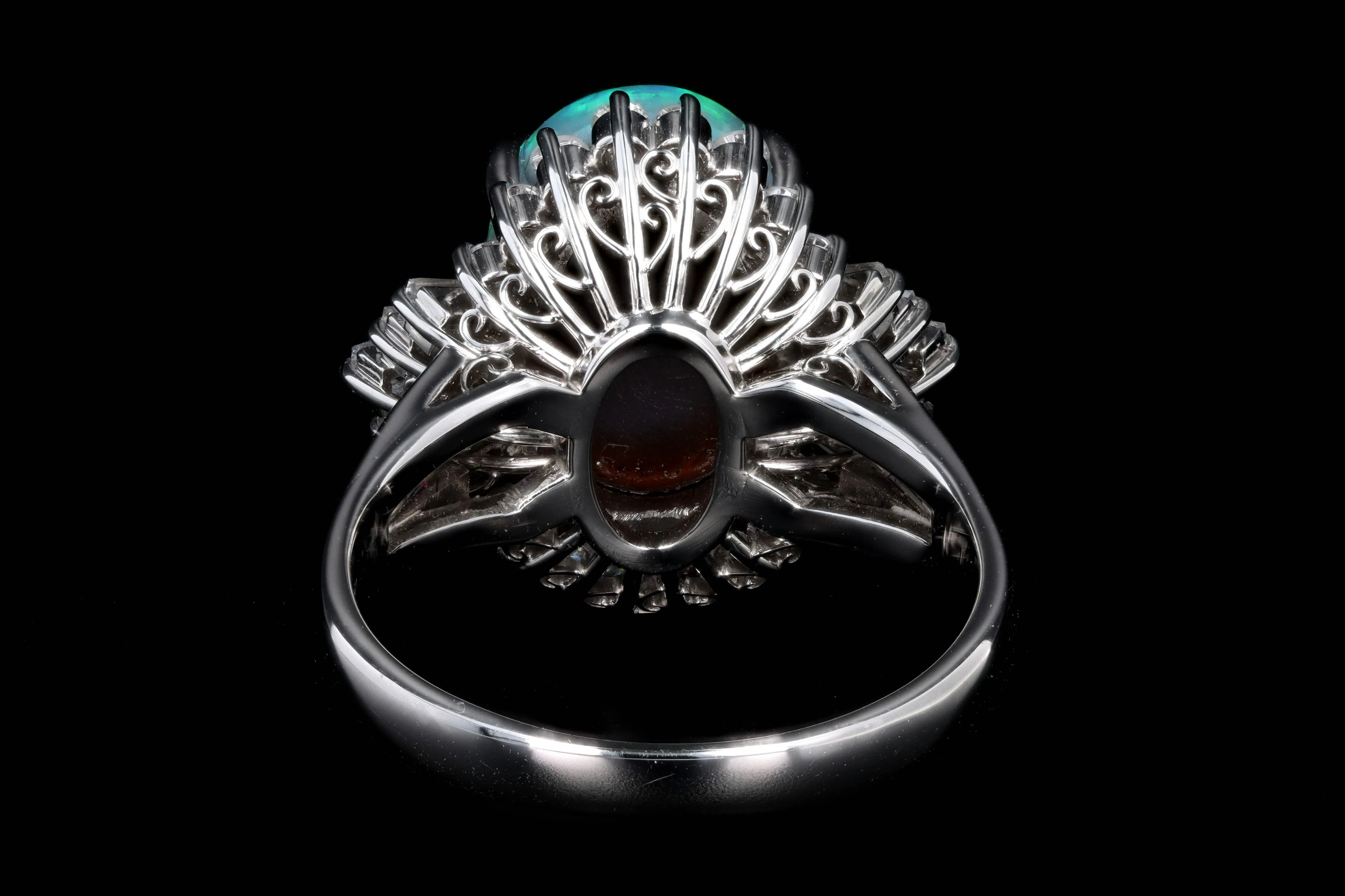 Retro Platinum 4.36 Carat Oval Cabochon Cut Black Opal & Diamond Ring