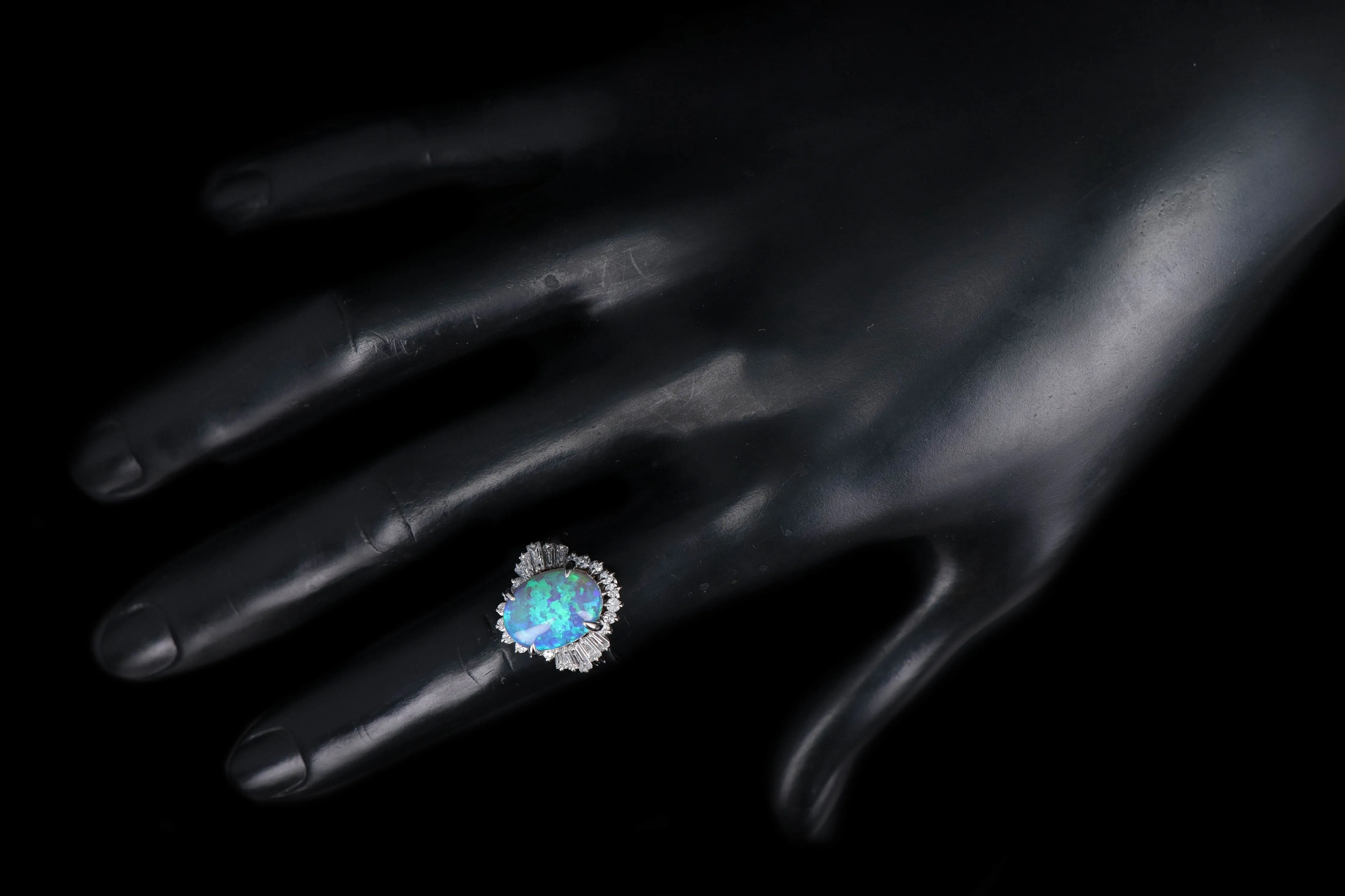Retro Platinum 4.36 Carat Oval Cabochon Cut Black Opal & Diamond Ring