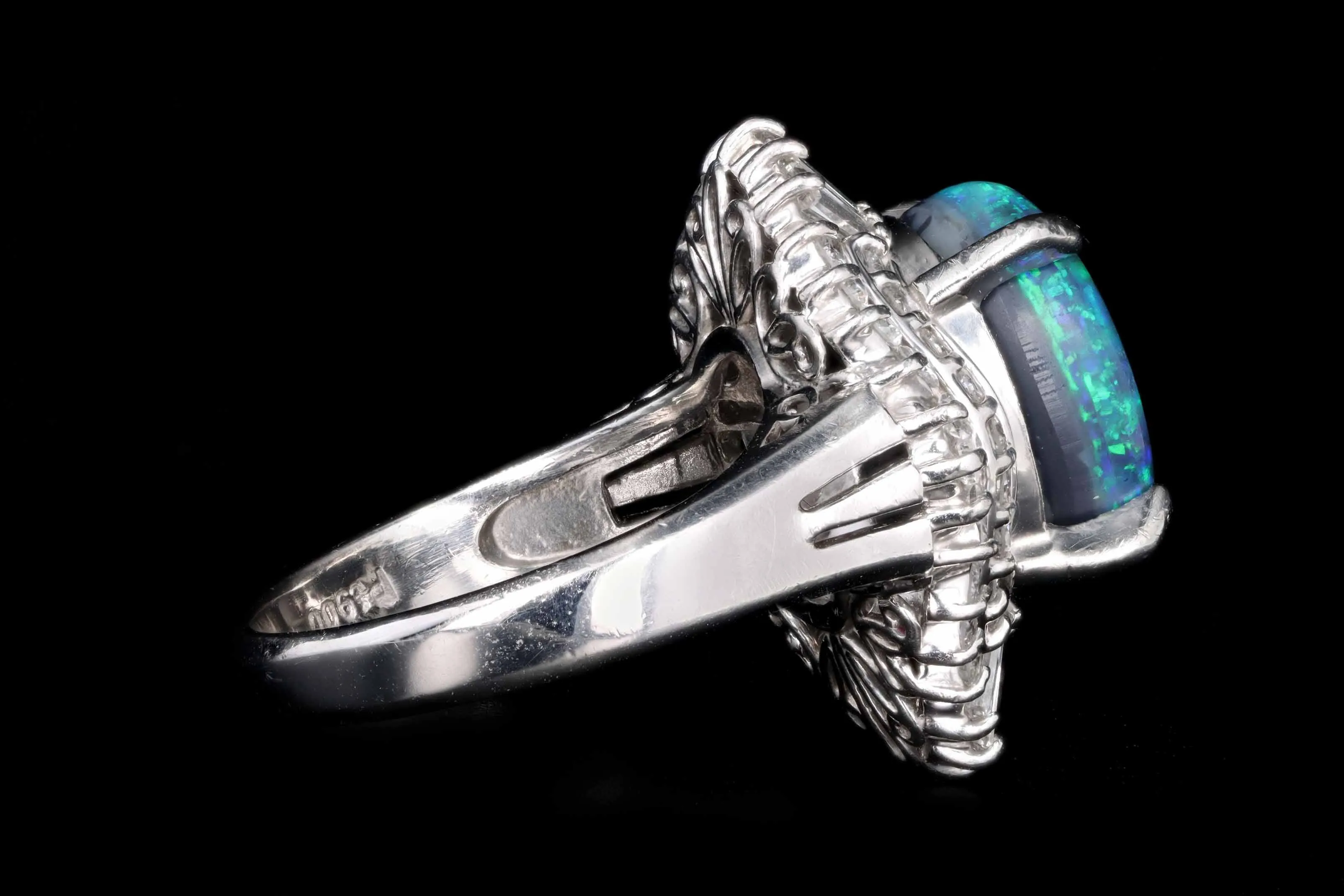 Retro Platinum 4.40 Carat Black Opal & Tapered Baguette Ballerina Ring