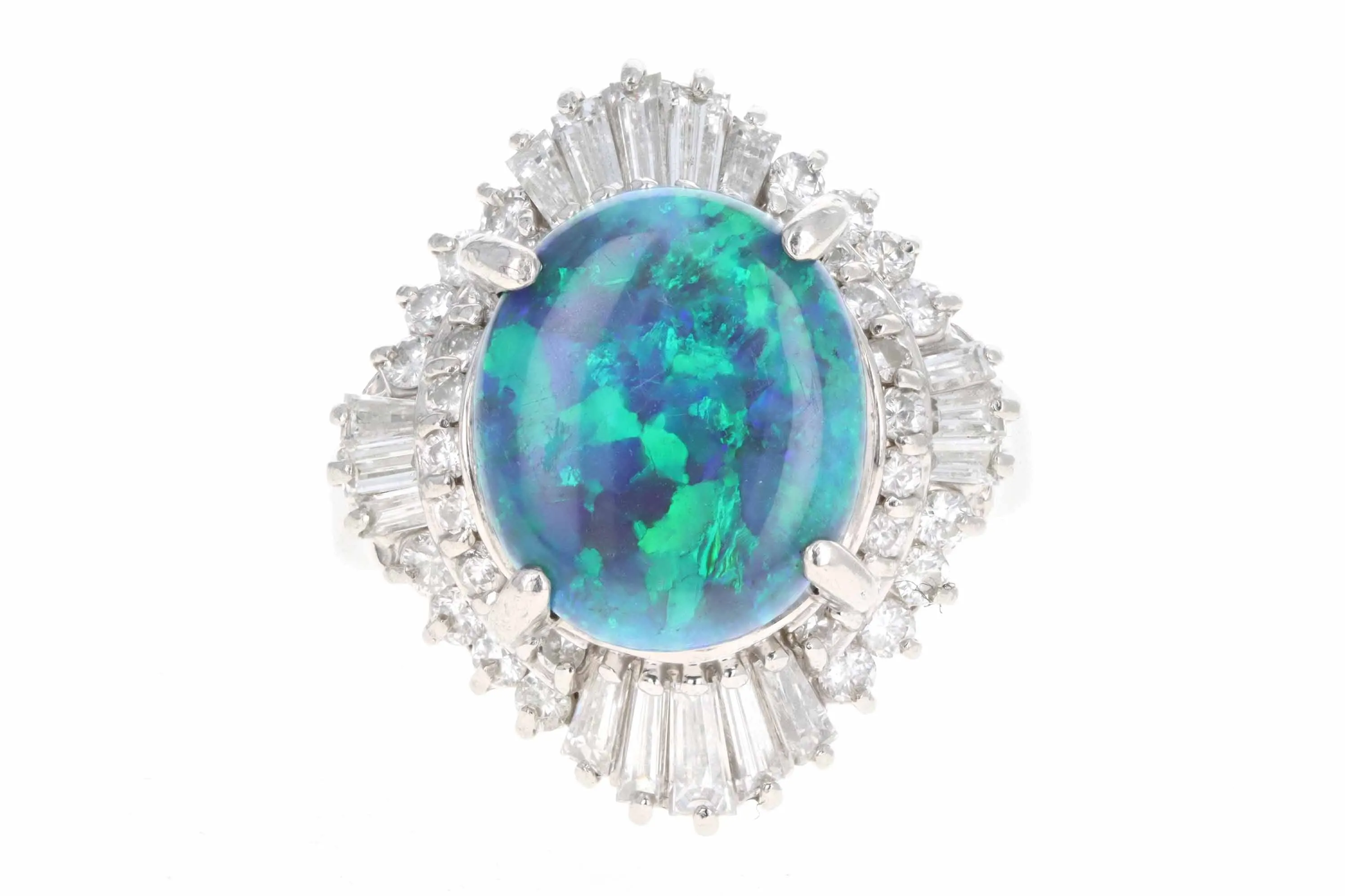 Retro Platinum 4.40 Carat Black Opal & Tapered Baguette Ballerina Ring