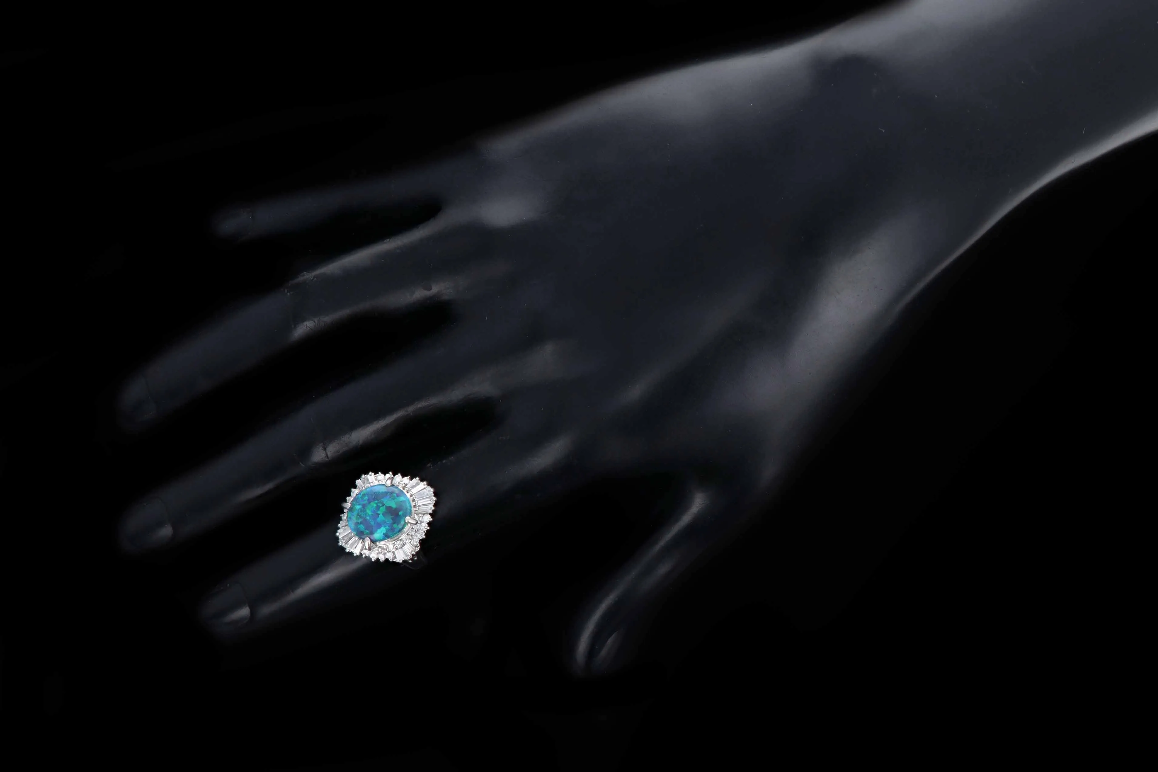 Retro Platinum 4.40 Carat Black Opal & Tapered Baguette Ballerina Ring