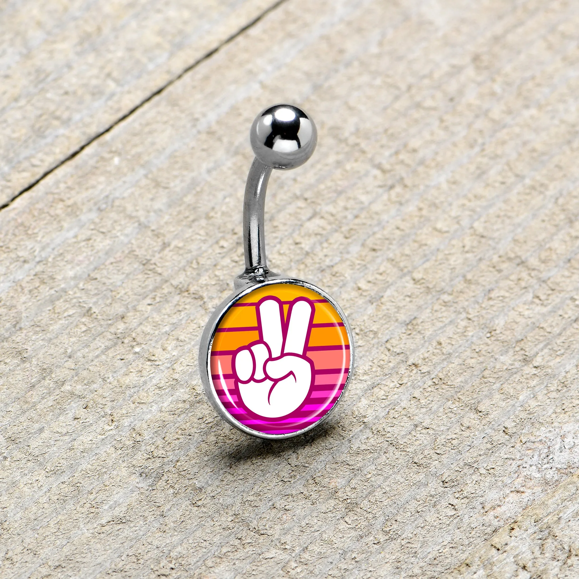 Retro Stripes Peace Sign Fingers Belly Ring