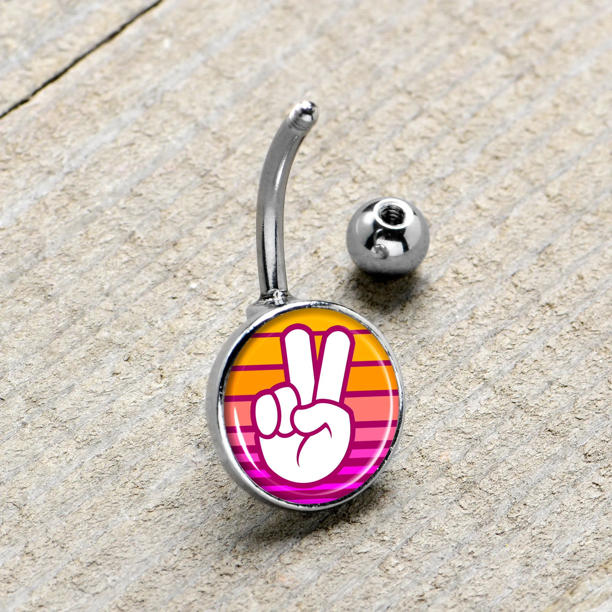 Retro Stripes Peace Sign Fingers Belly Ring