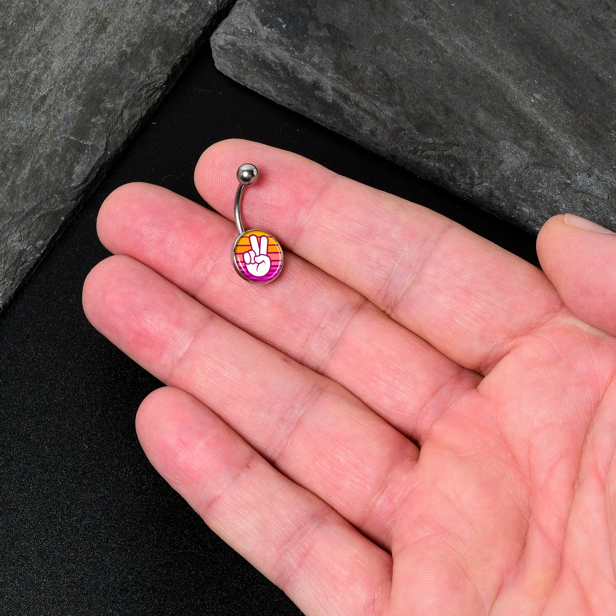 Retro Stripes Peace Sign Fingers Belly Ring
