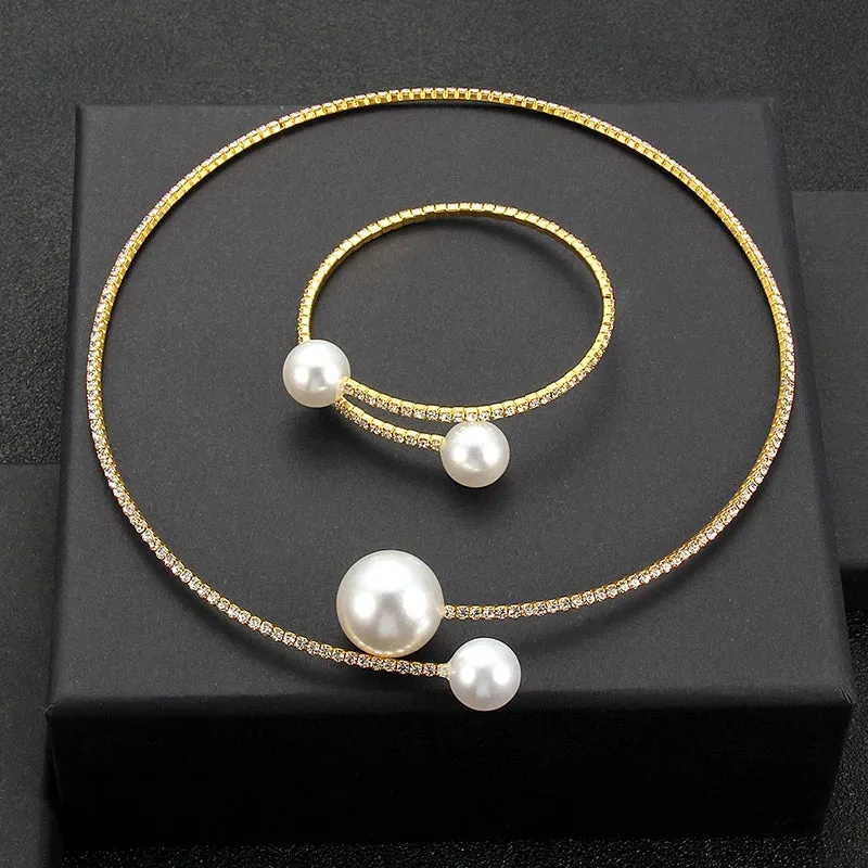 Rhinestone Choker Necklaces Torques Collar Women Statement Jewelry Girl Imitation Pearls Necklace