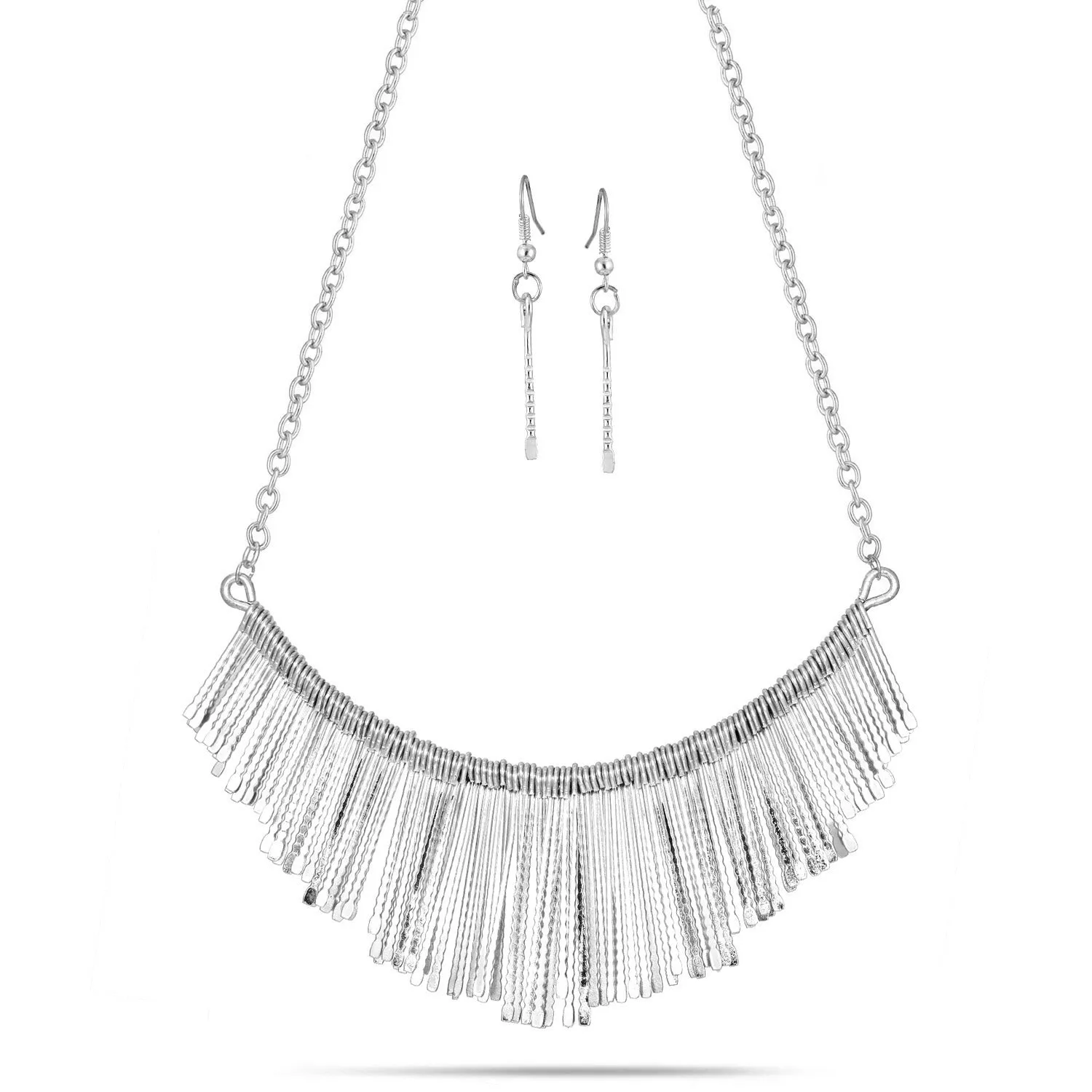 RHODIUM-TONE METAL TASSEL EARRINGS AND NECKLACES #YW13834RHO (LF1)