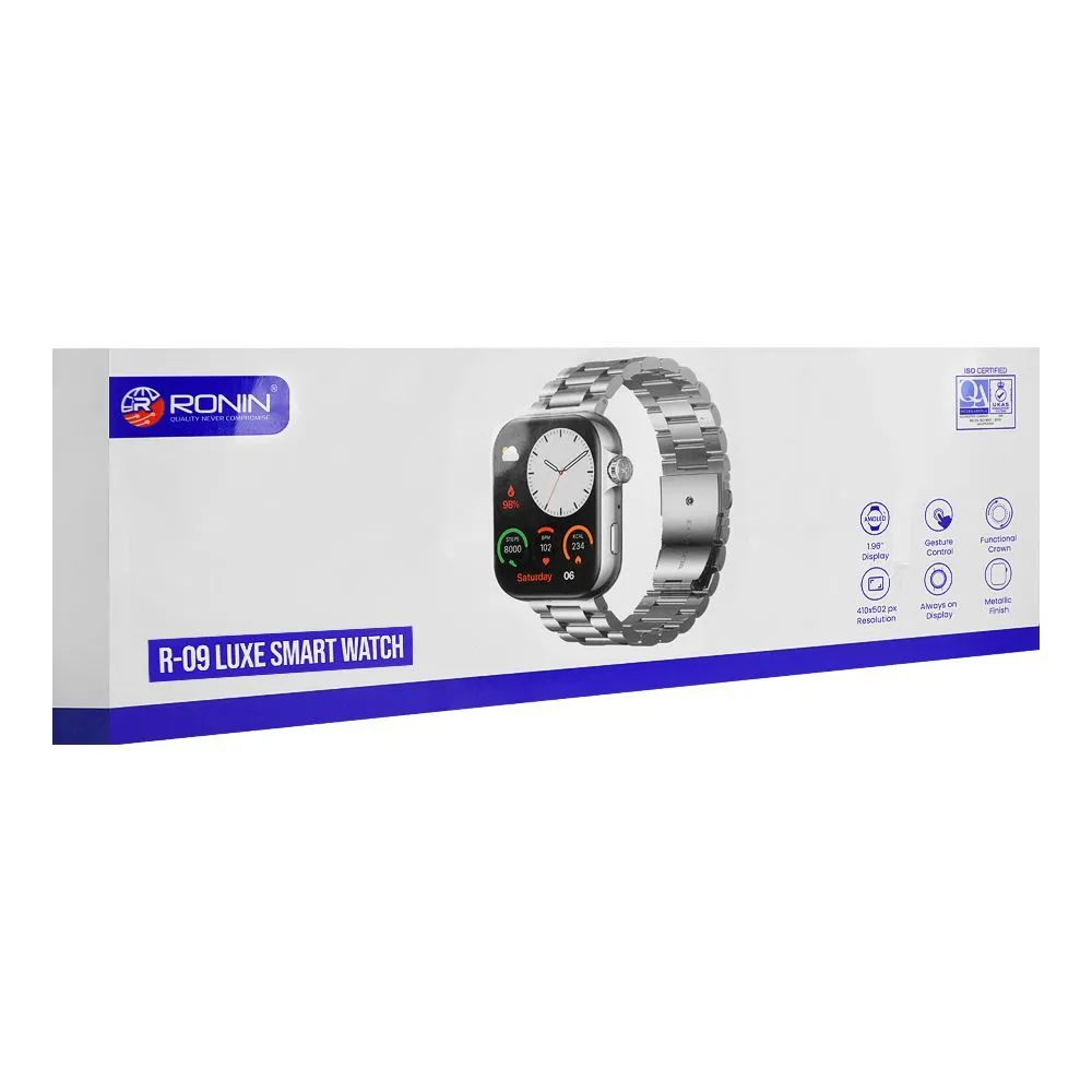 Ronin R-09 Luxury Smart Watch, 1.96" Always On Amoled Display, Silver Dial and Chain  1 Free Black Silicon Strap