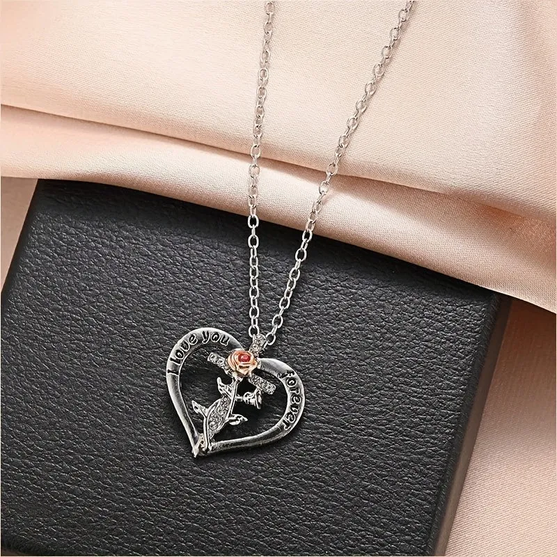 Rose Cross Necklace Men's Statement Pendant Jewelry