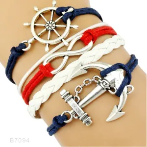 Rudder Compass Sailing Infinity Charm Bracelets Heart Cross Arrow Jewelry Black Blue Red Wax Cord Women Men Unisex Girl Gift